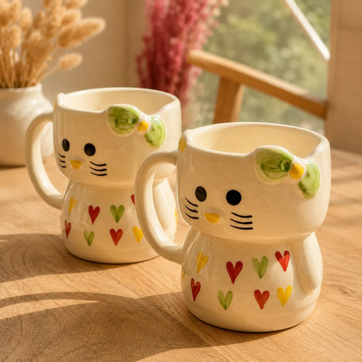 Snuggle Kitty Heart Handpainted Ceramic Coffee Mug (Set of 2) - Angle 4 - Artisan Pottery Khurja