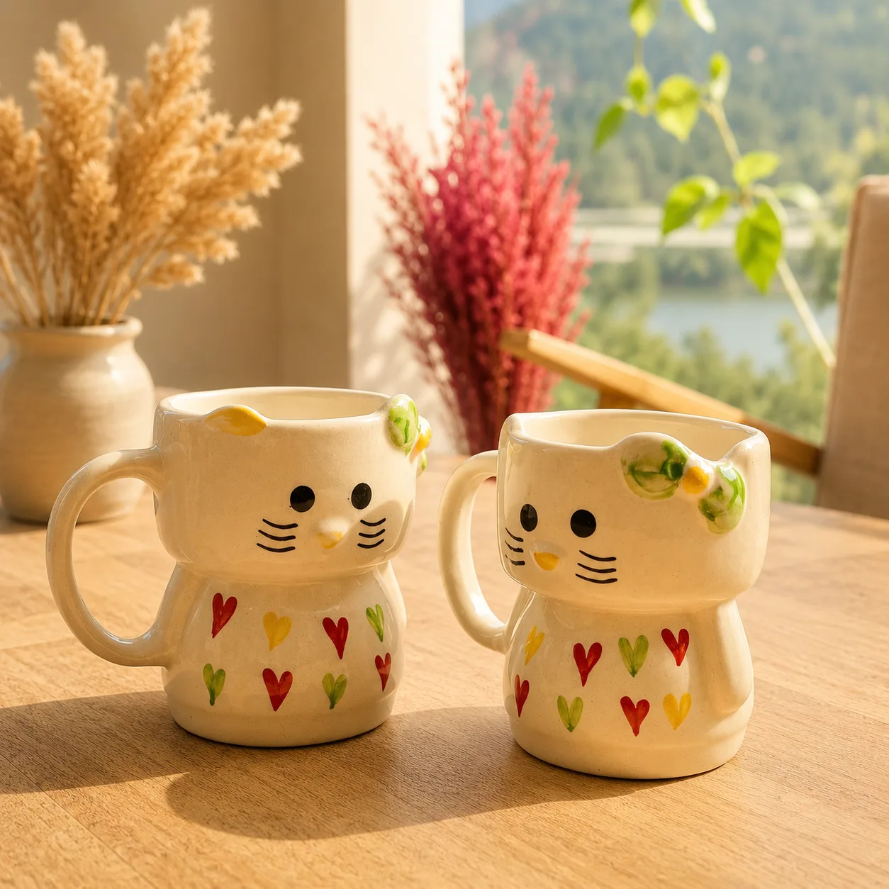 Snuggle Kitty Heart Handpainted Ceramic Coffee Mug (Set of 2) - Angle 3 - Artisan Pottery Khurja