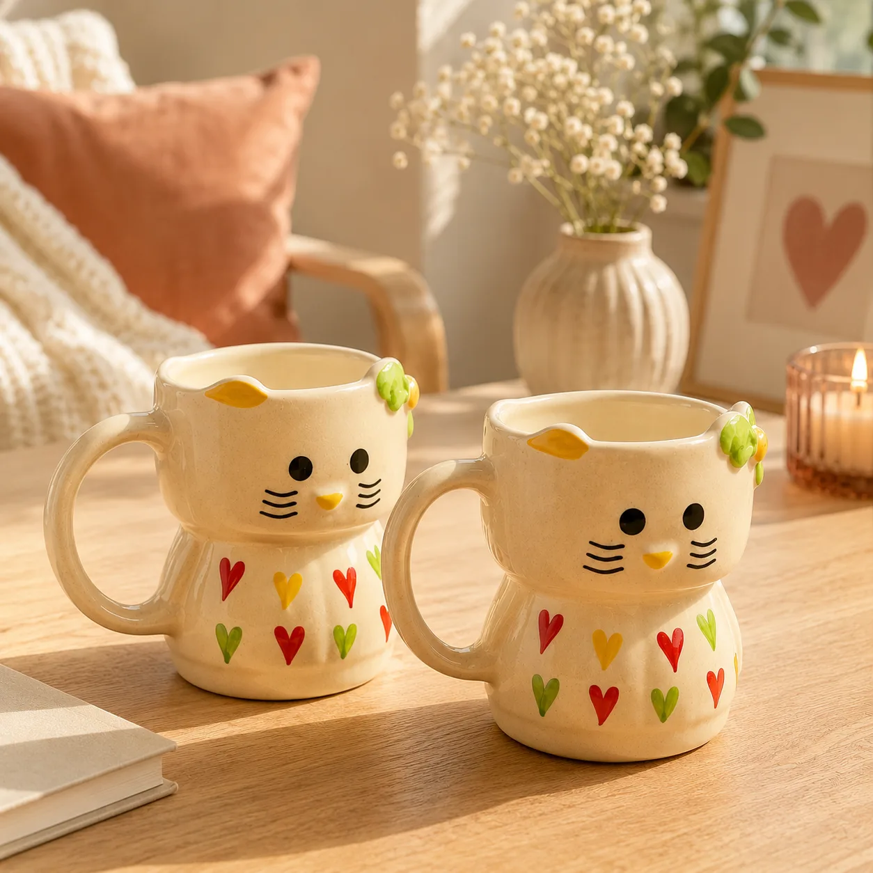 Snuggle Kitty Heart Handpainted Ceramic Coffee Mug (Set of 2) - Angle 2 - Artisan Pottery Khurja