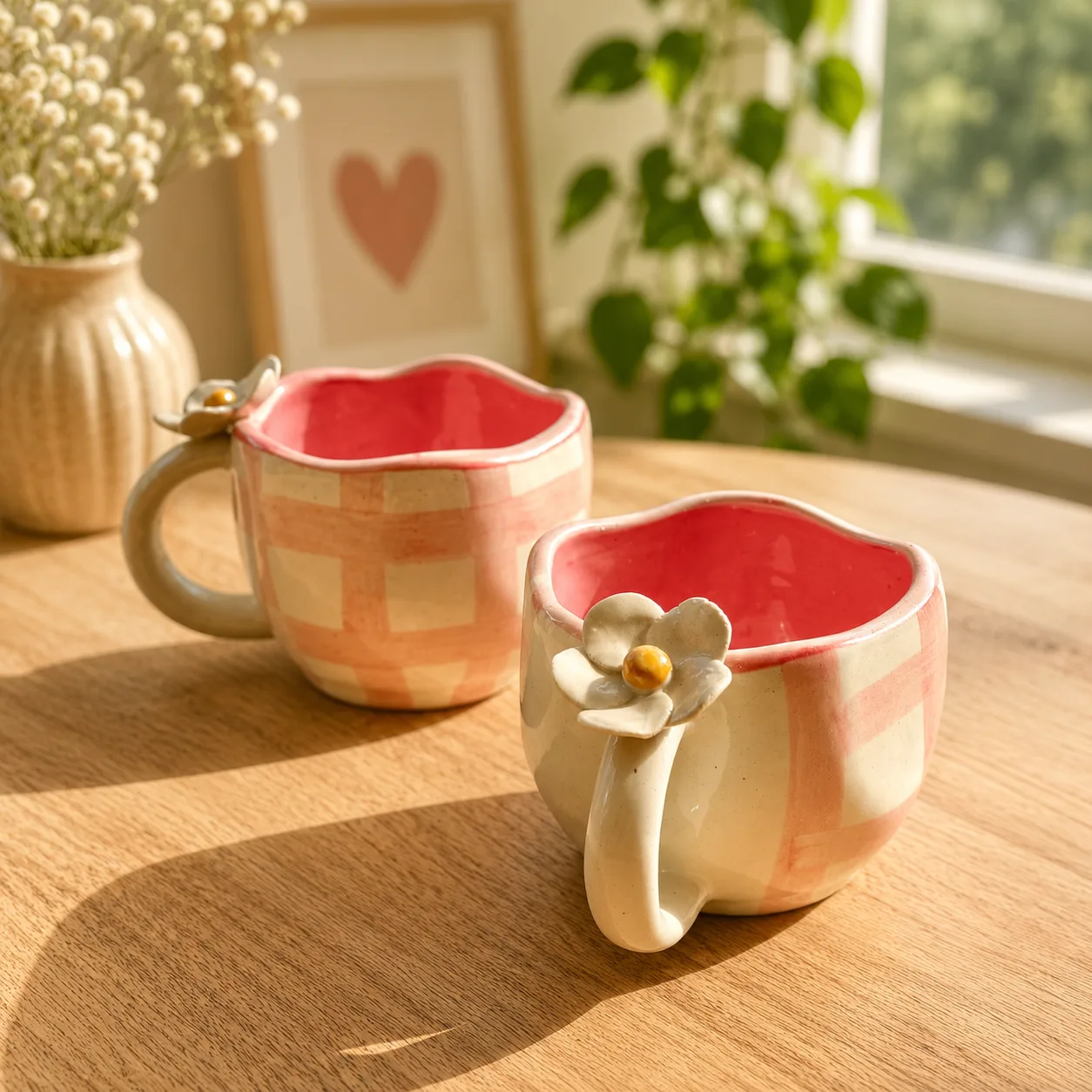 Pixie Pink 4D Plumeria Checkered Ceramic Coffee Mug (Set of 2) - Angle 2 - Artisan Pottery Khurja