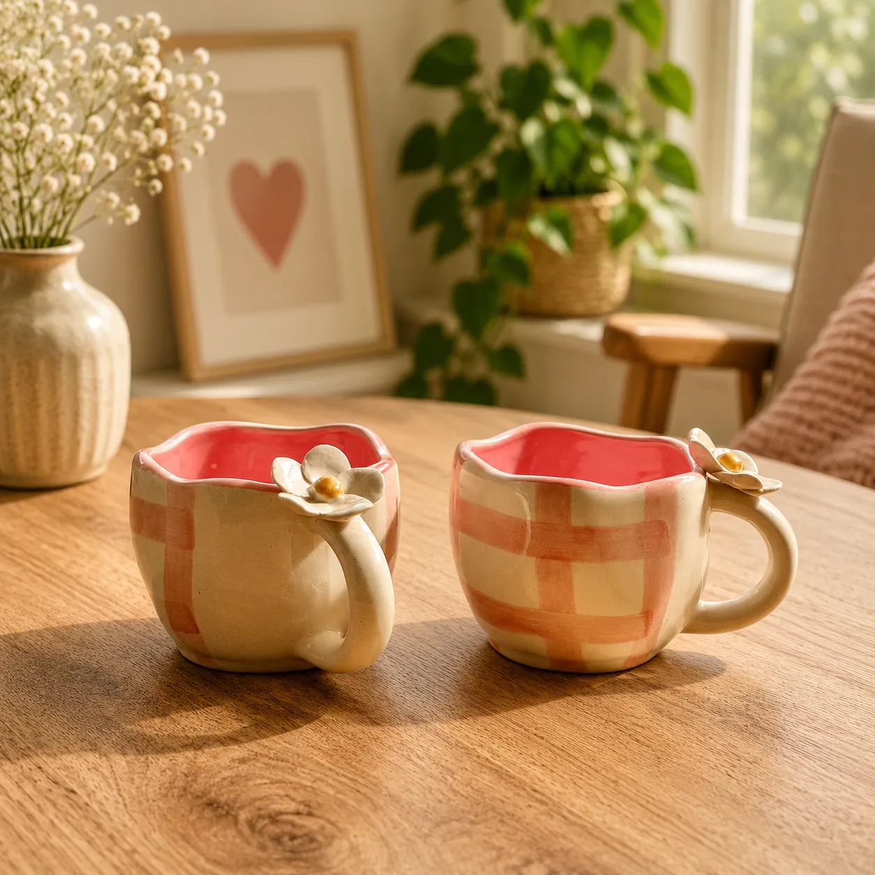 Pixie Pink 4D Plumeria Checkered Ceramic Coffee Mug (Set of 2) - Angle 3 - Artisan Pottery Khurja