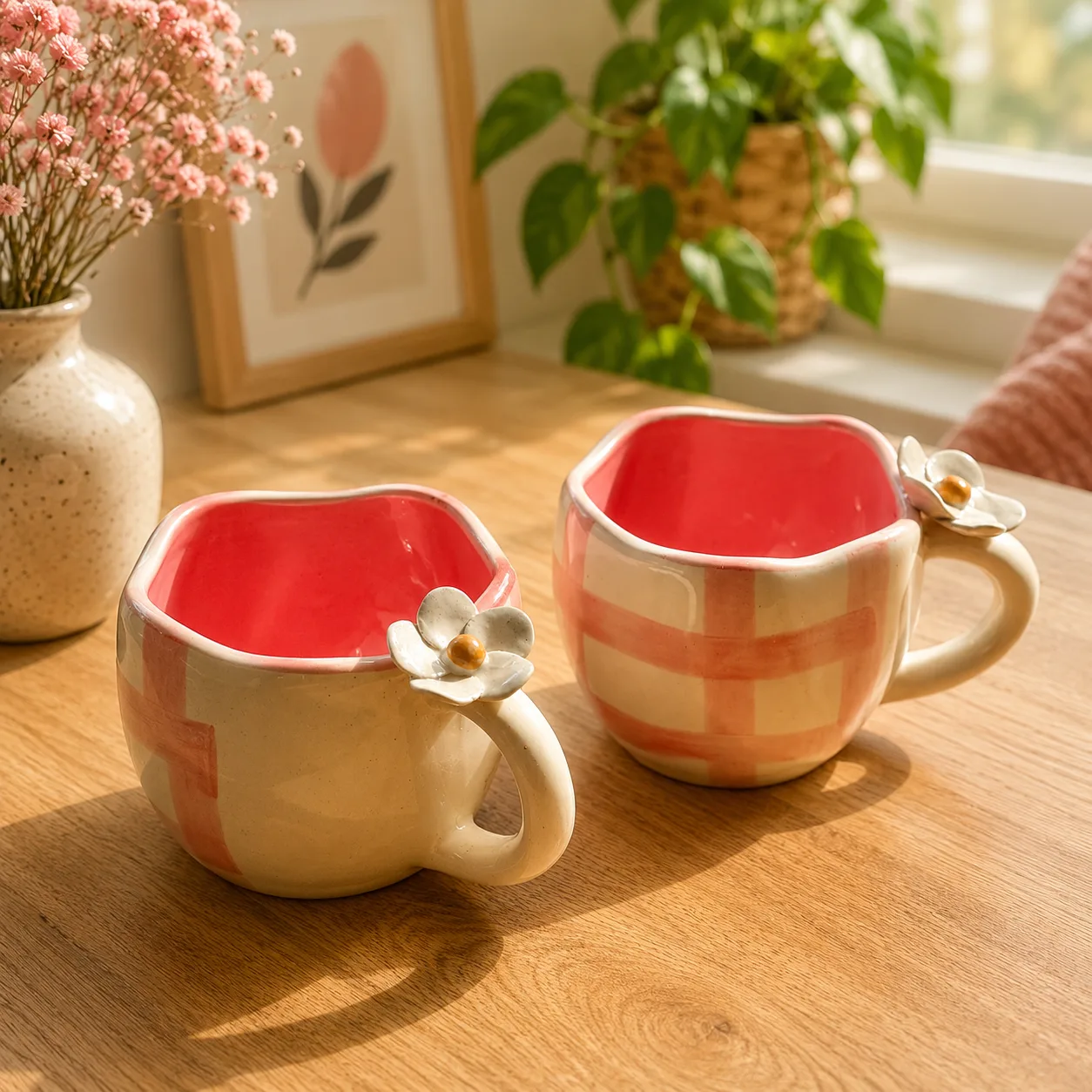 Pixie Pink 4D Plumeria Checkered Ceramic Coffee Mug (Set of 2) - Angle 4 - Artisan Pottery Khurja