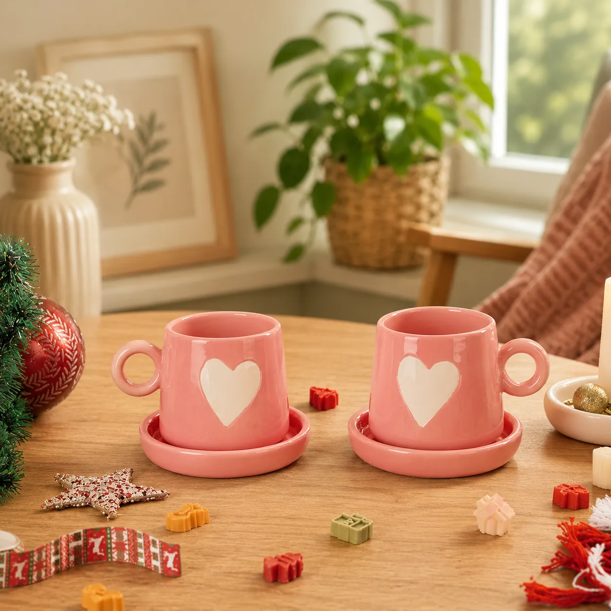 Eternal Heart Pink Ceramic Coffee Mug & Snack Plate Set - Handcrafted Stoneware Ceramic Khurja