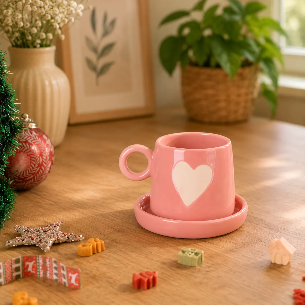Eternal Heart Pink Ceramic Coffee Mug & Snack Plate Set - Angle 2 - Artisan Pottery Khurja