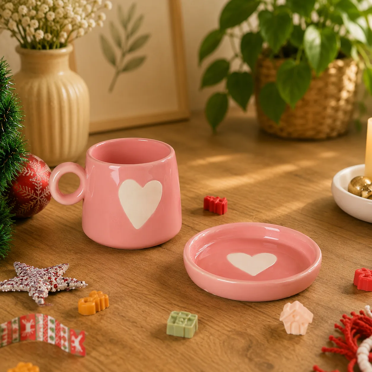 Eternal Heart Pink Ceramic Coffee Mug & Snack Plate Set - Angle 3 - Artisan Pottery Khurja