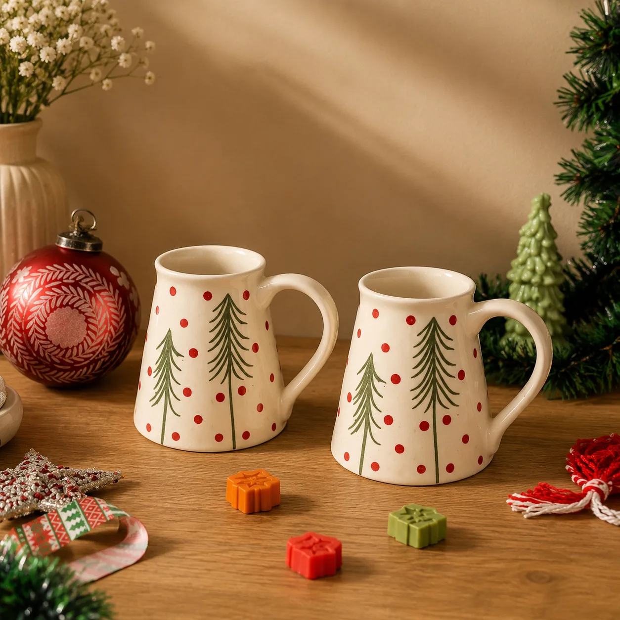 Frosty Spruce Stoneware Ceramic Coffee Mug (Set of 2) - Handcrafted Stoneware Ceramic Khurja