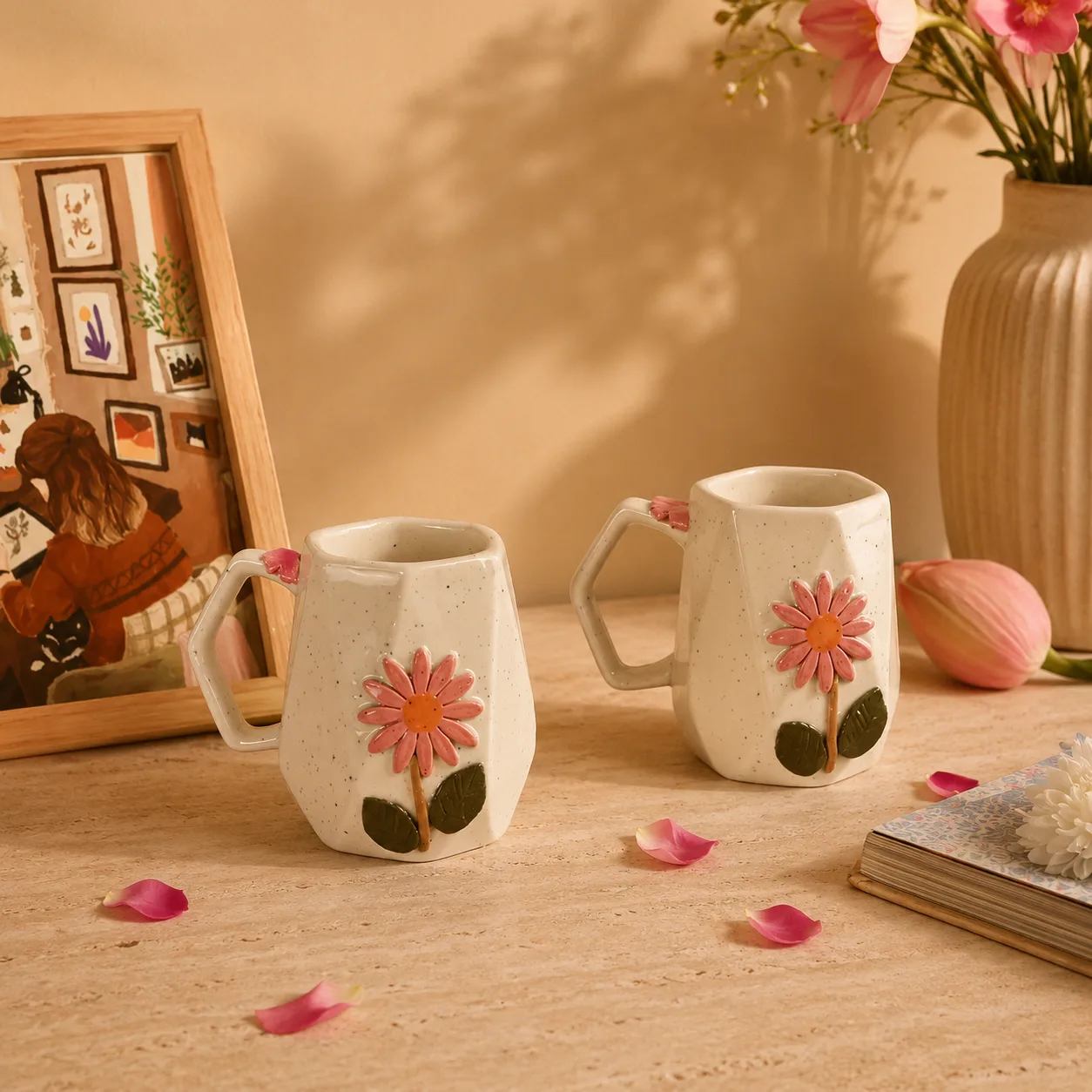 Zinnia Floral Handpainted Ceramic Coffee Mug (Set of 2) - Handcrafted Stoneware Ceramic Khurja