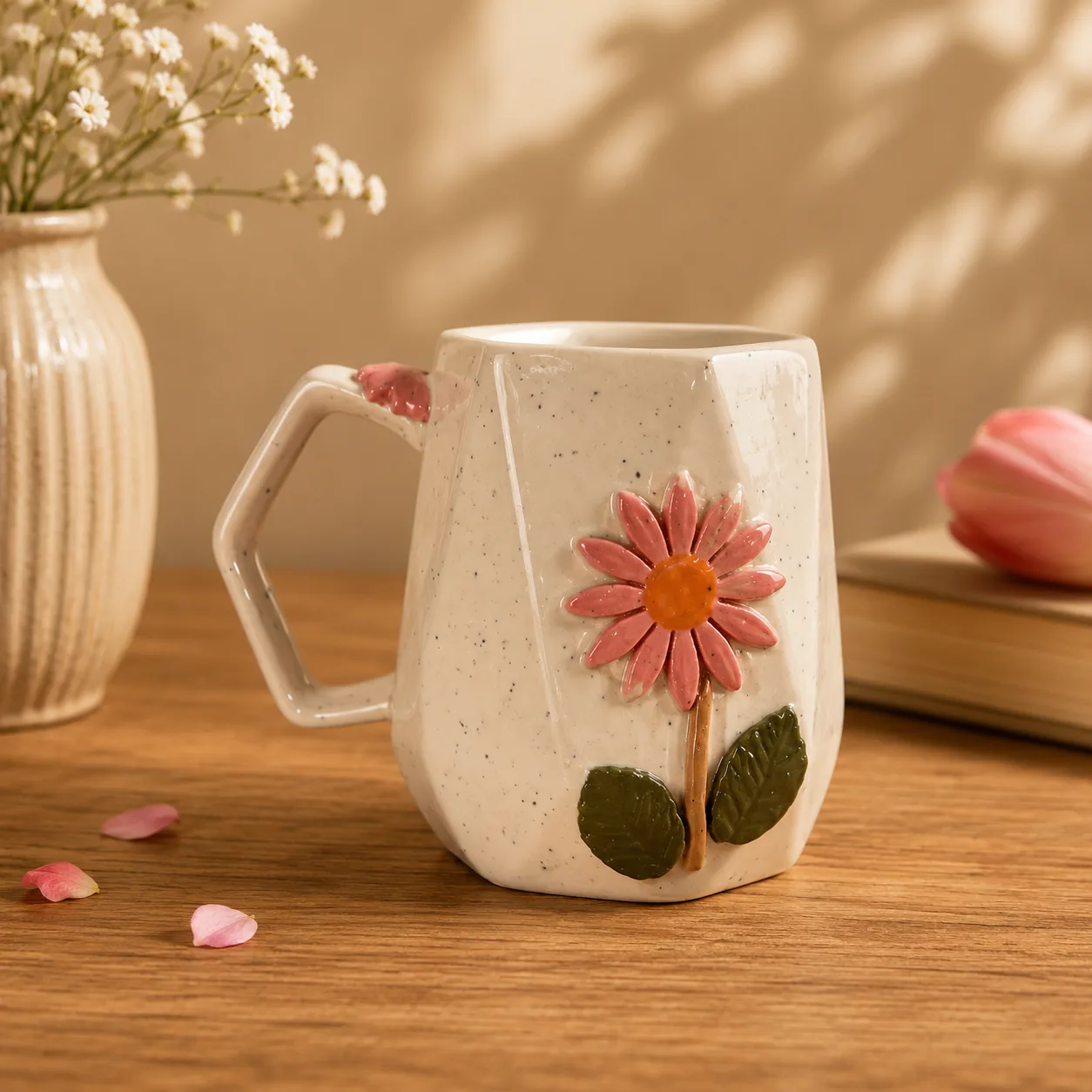 Zinnia Floral Handpainted Ceramic Coffee Mug (Set of 2) - Angle 3 - Artisan Pottery Khurja
