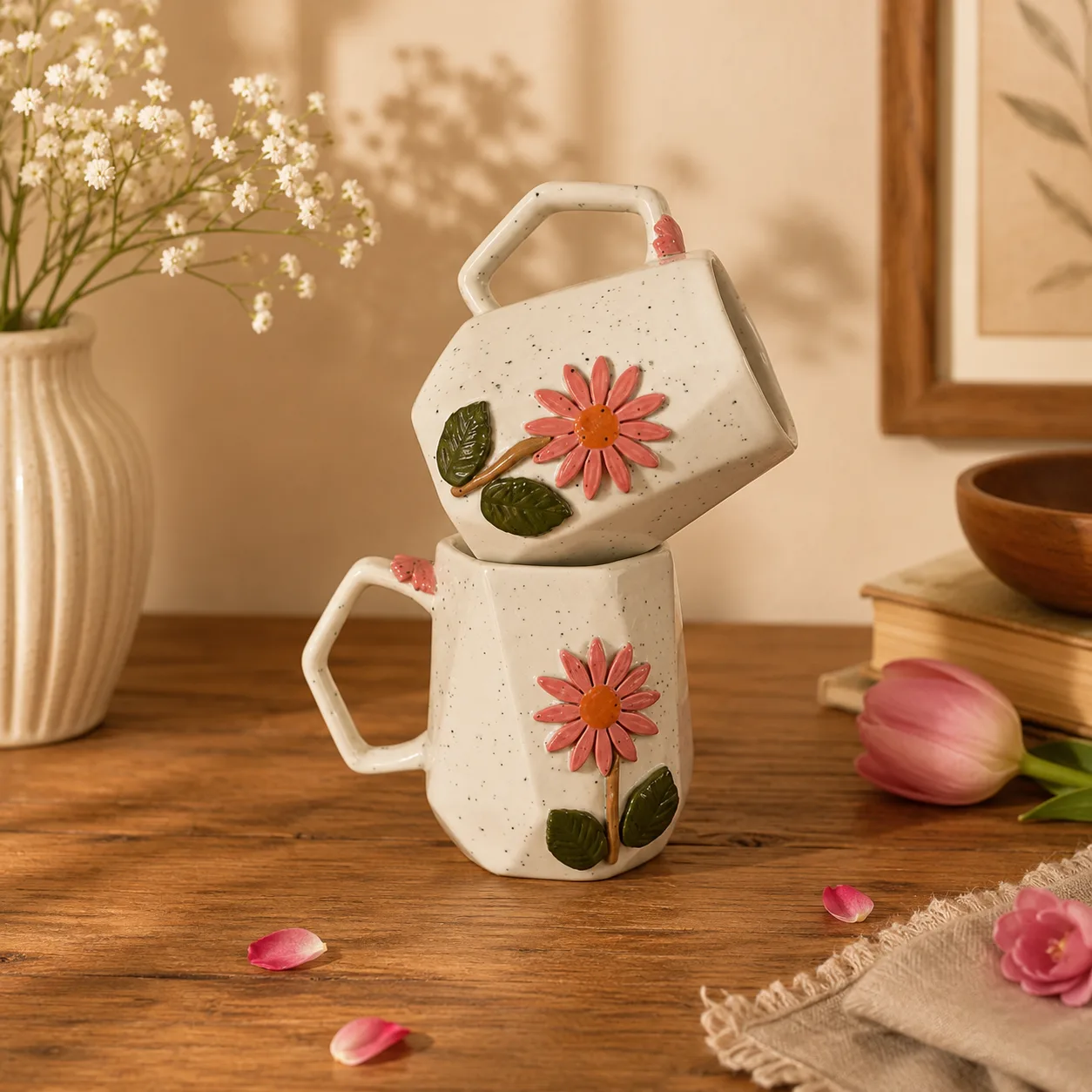 Zinnia Floral Handpainted Ceramic Coffee Mug (Set of 2) - Angle 4 - Artisan Pottery Khurja