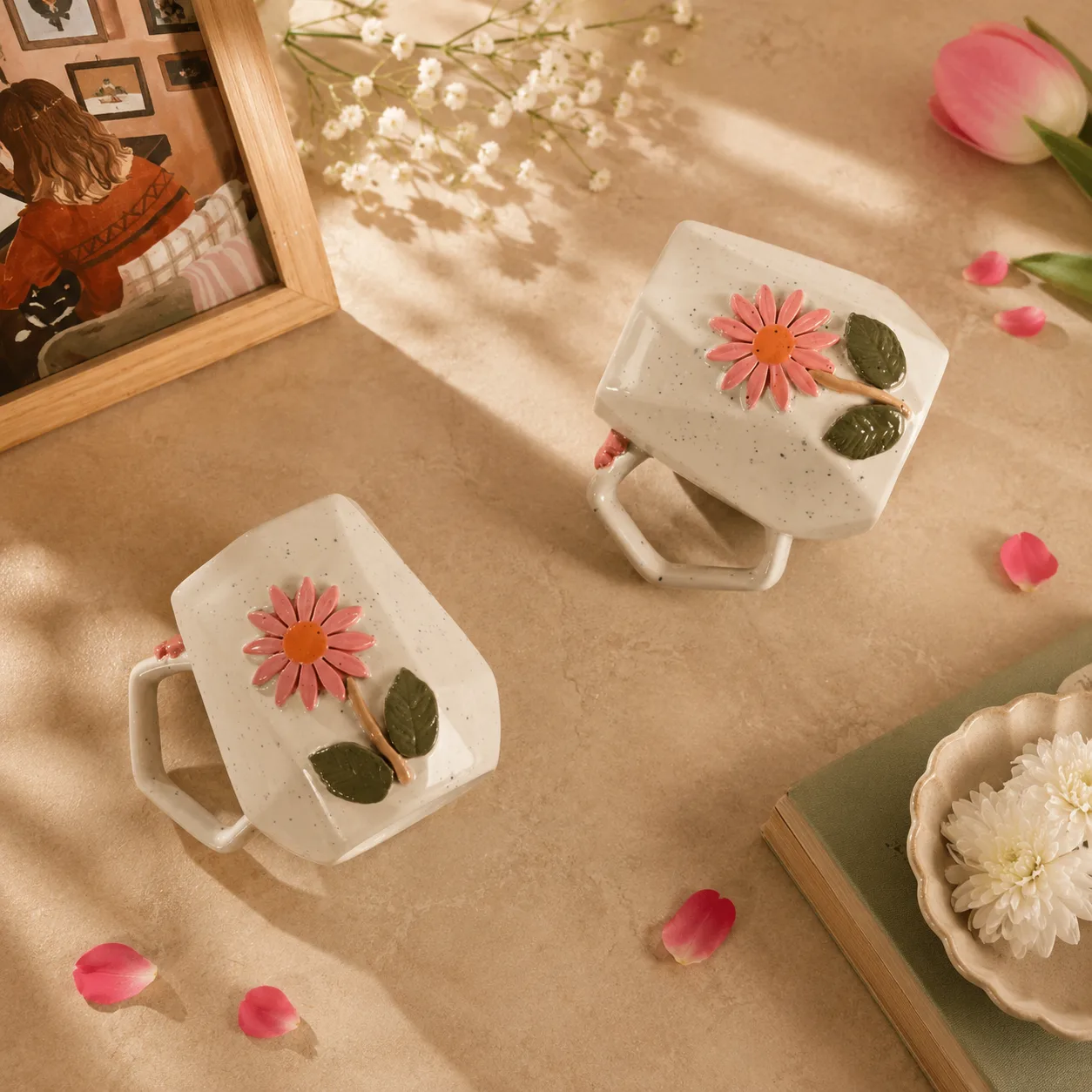 Zinnia Floral Handpainted Ceramic Coffee Mug (Set of 2) - Angle 2 - Artisan Pottery Khurja