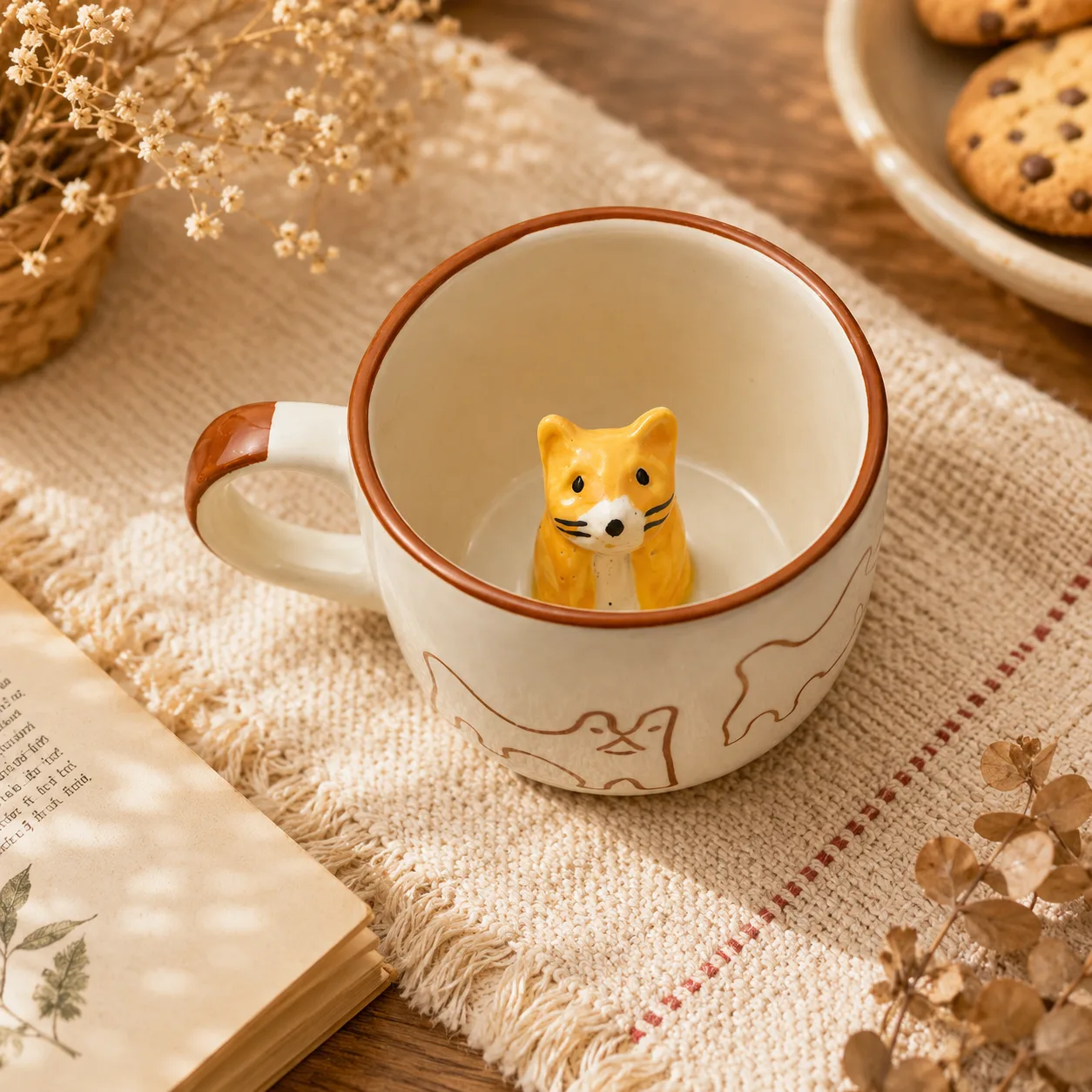 Cute Cat Surprise 3D 240 ml Stoneware Ceramic Coffee Mug - Angle 2 - Artisan Pottery Khurja