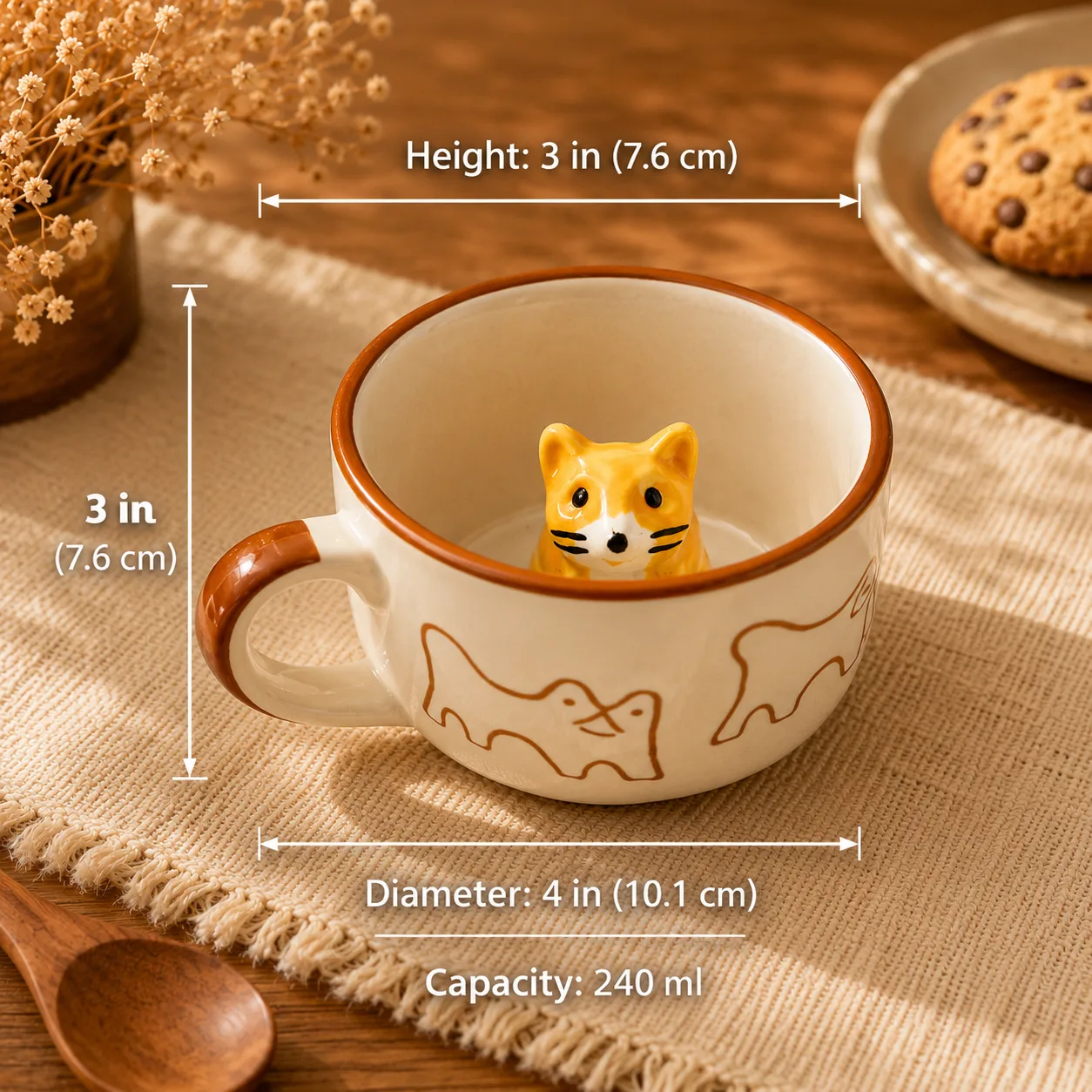 Cute Cat Surprise 3D 240 ml Stoneware Ceramic Coffee Mug - Angle 3 - Artisan Pottery Khurja