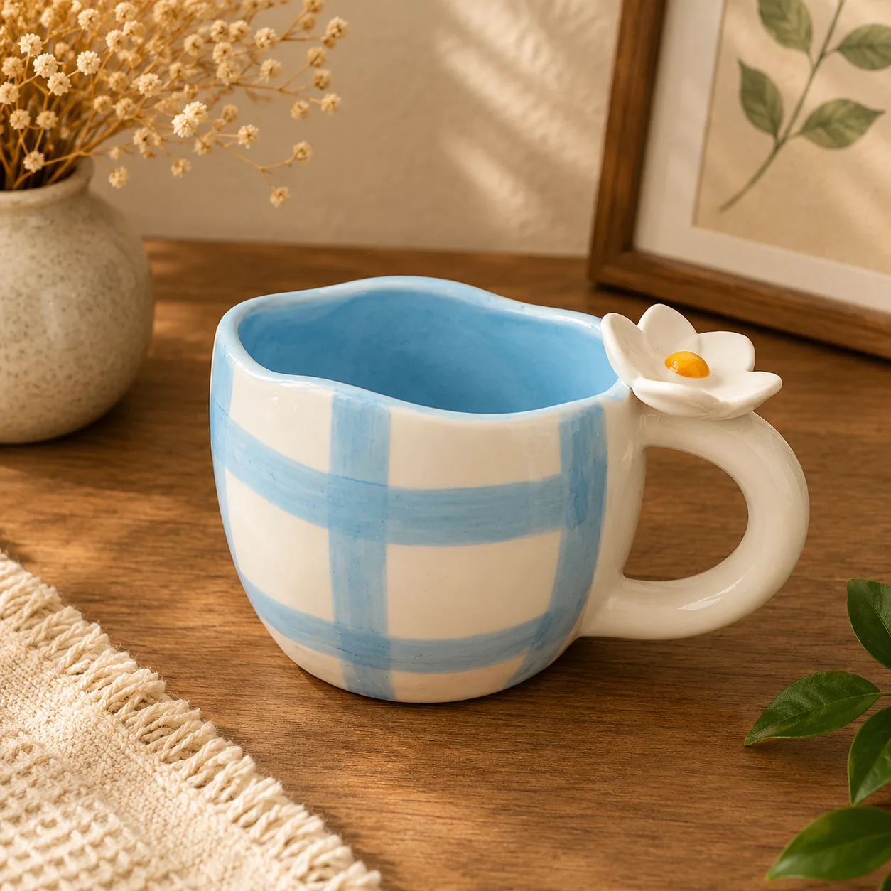 Sky Blue 220 ml Stoneware Ceramic Mug with 3D Flower Handle - Handcrafted Stoneware Ceramic Khurja