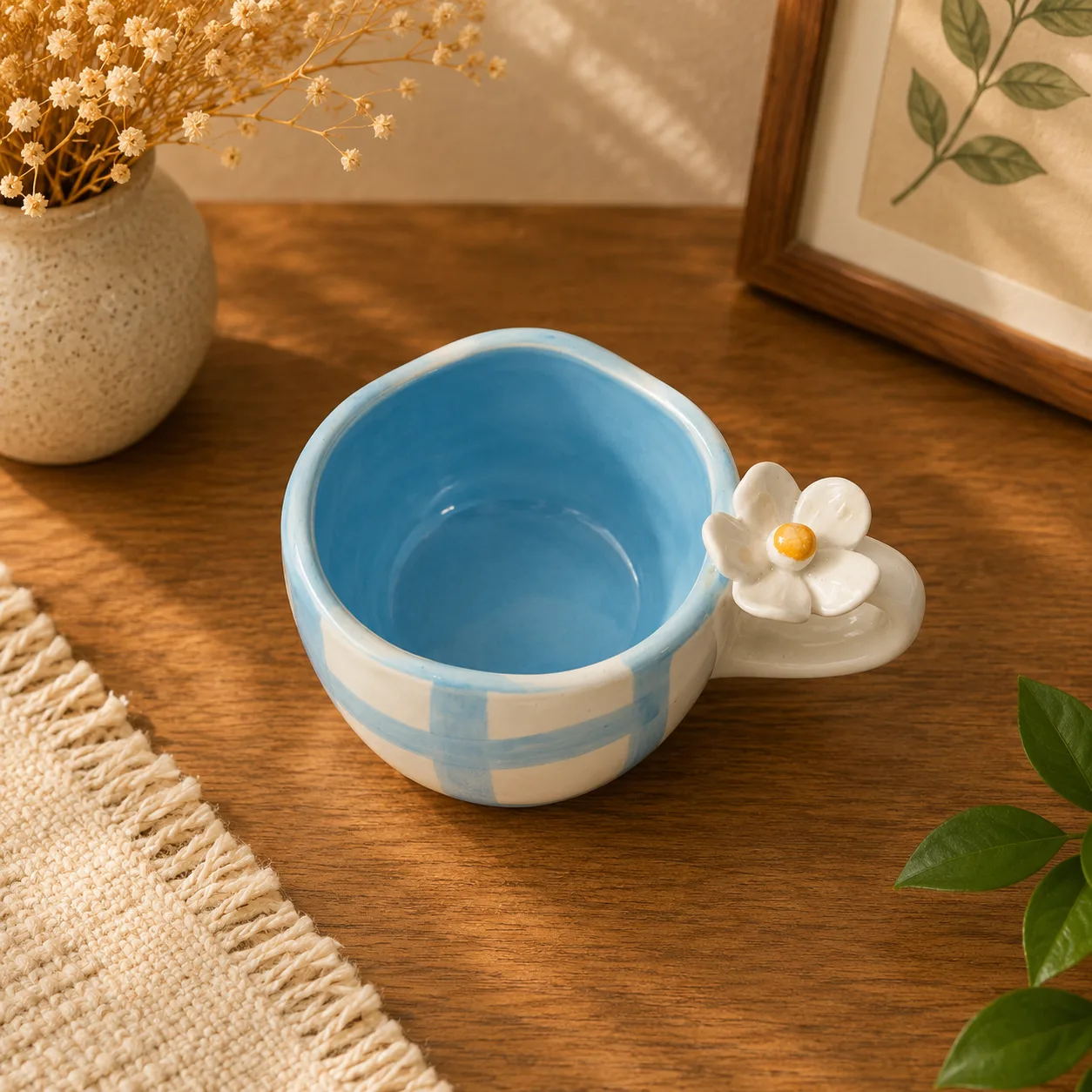 Sky Blue 220 ml Stoneware Ceramic Mug with 3D Flower Handle - Angle 2 - Artisan Pottery Khurja