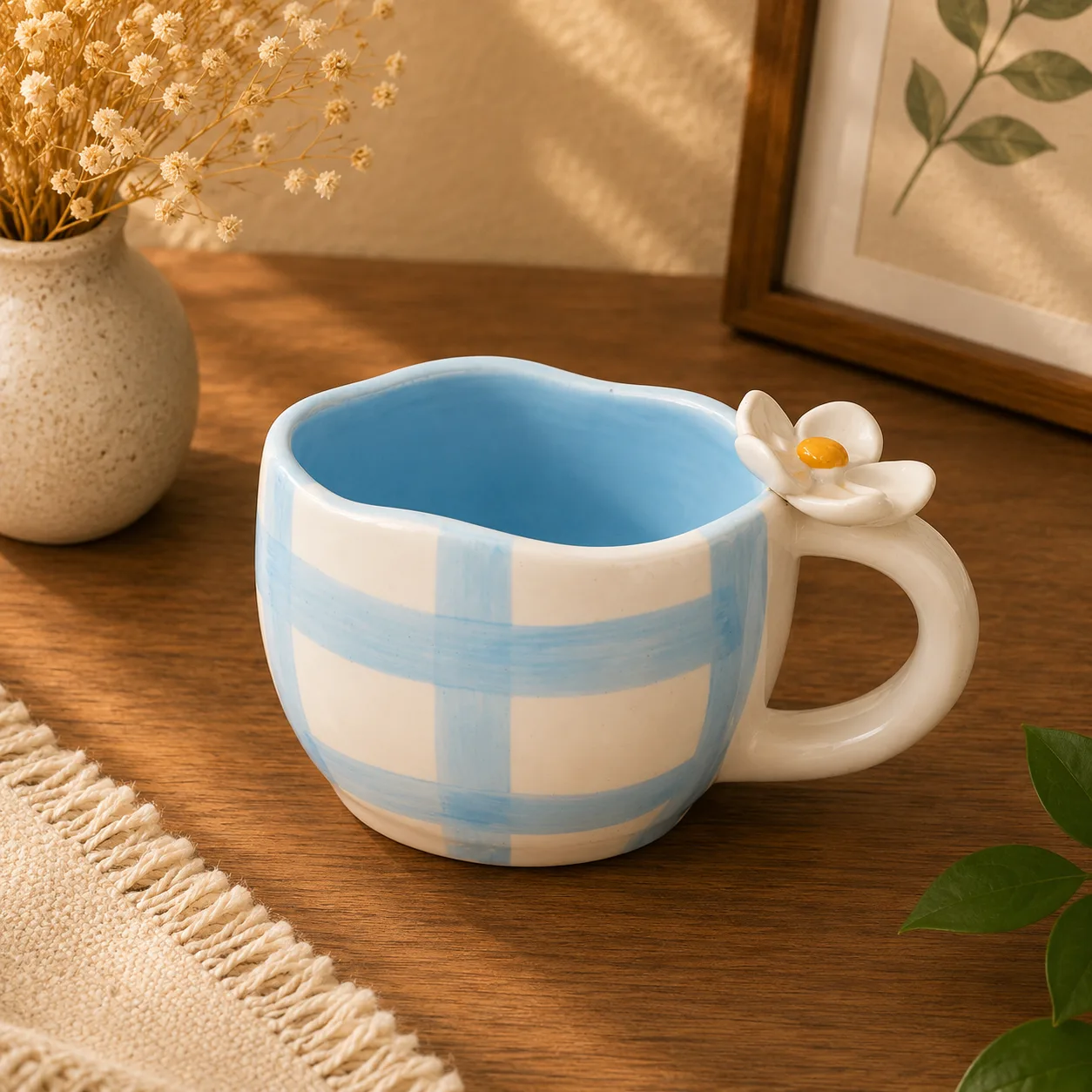 Sky Blue 220 ml Stoneware Ceramic Mug with 3D Flower Handle - Angle 3 - Artisan Pottery Khurja