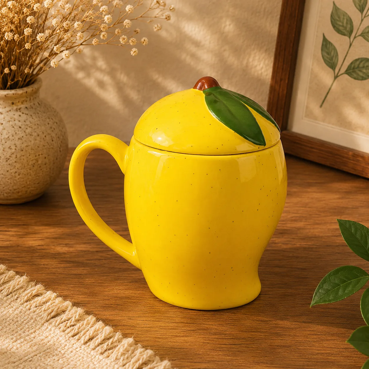 Mango Shaped 350 ml Stoneware Ceramic Coffee Mug with Lid - Handcrafted Stoneware Ceramic Khurja