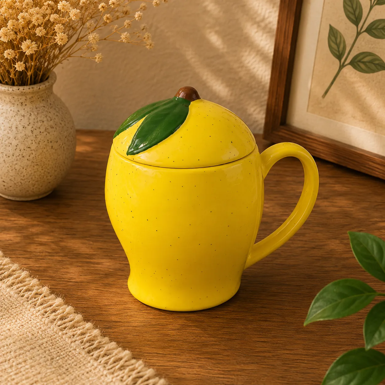Mango Shaped 350 ml Stoneware Ceramic Coffee Mug with Lid - Angle 2 - Artisan Pottery Khurja