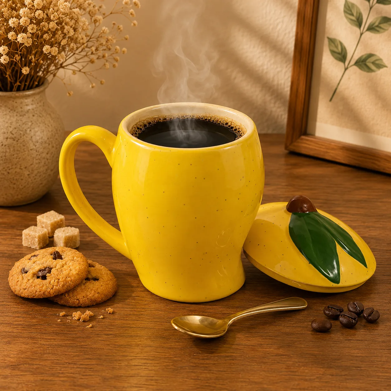 Mango Shaped 350 ml Stoneware Ceramic Coffee Mug with Lid - Angle 3 - Artisan Pottery Khurja