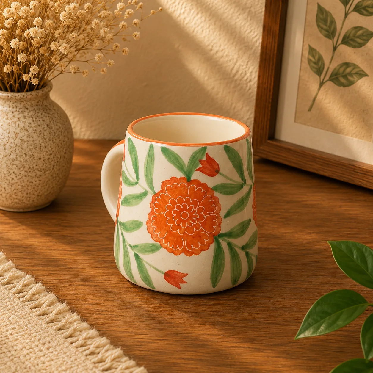 Marigold Mandi Handpainted 300 ml Stoneware Coffee Mug - Angle 2 - Artisan Pottery Khurja