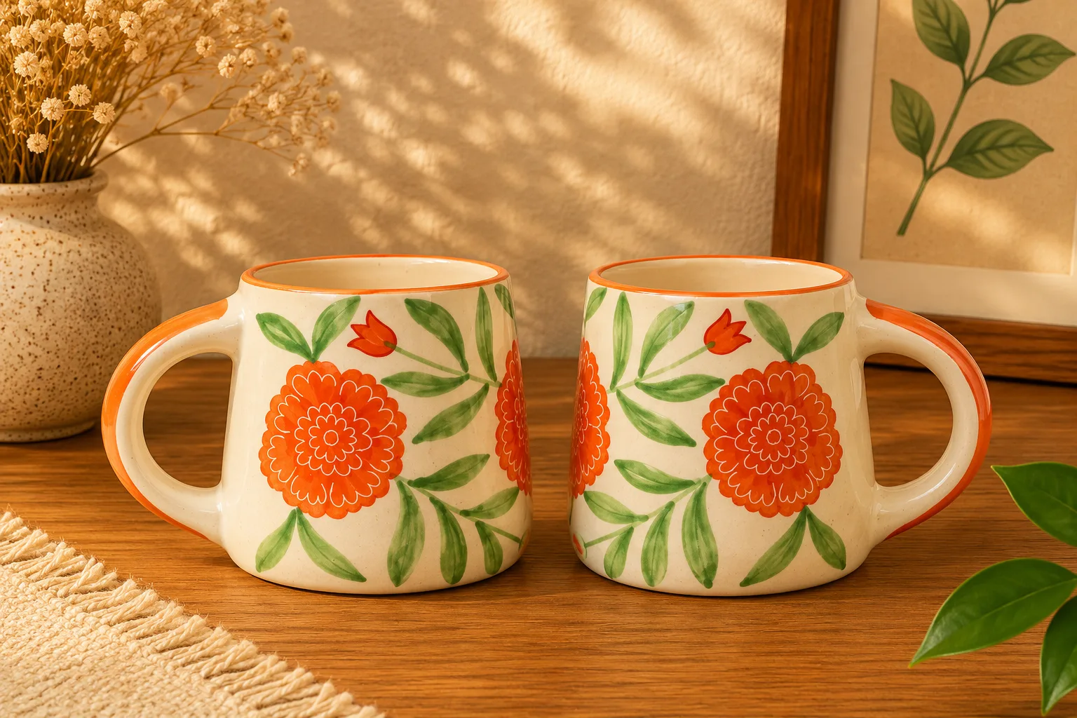 Marigold Mandi Handpainted 300 ml Stoneware Coffee Mug - Angle 3 - Artisan Pottery Khurja