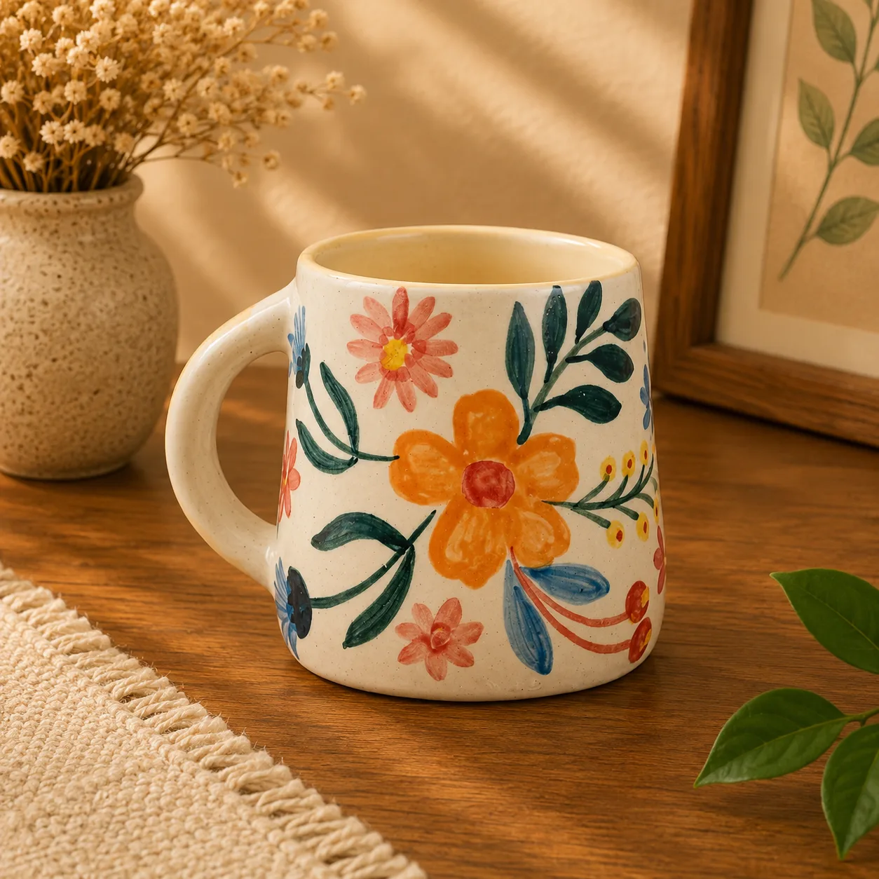 Floral Extravaganza Handcrafted 300 ml Stoneware Coffee Mug - Handcrafted Stoneware Ceramic Khurja
