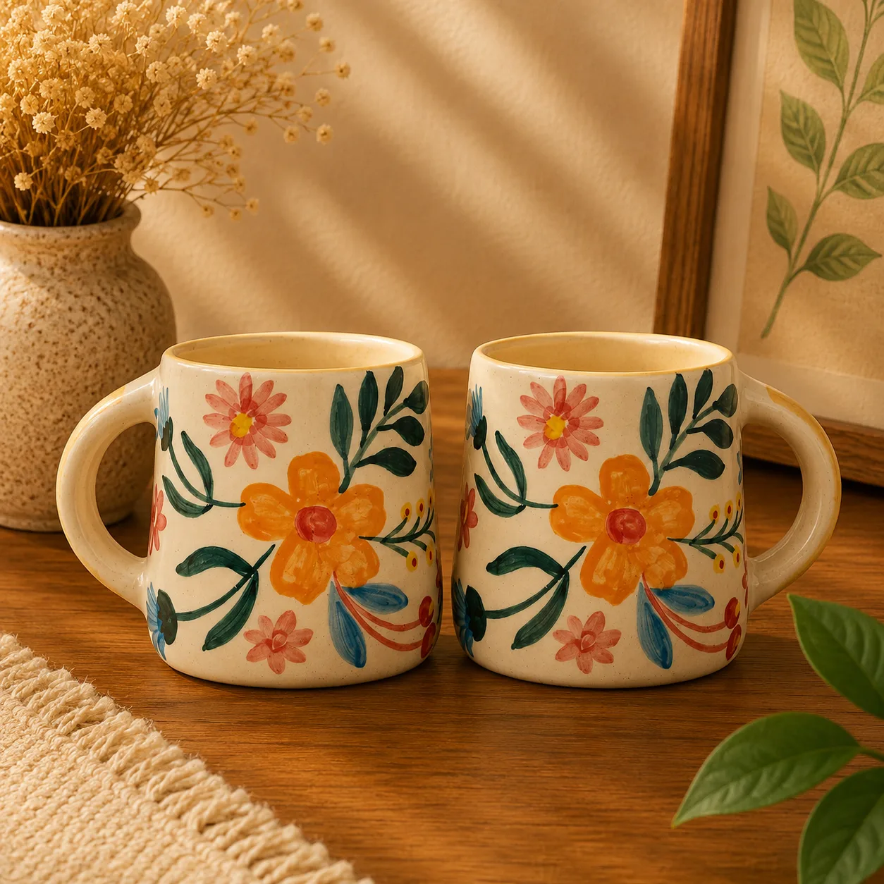 Floral Extravaganza Handcrafted 300 ml Stoneware Coffee Mug - Angle 2 - Artisan Pottery Khurja