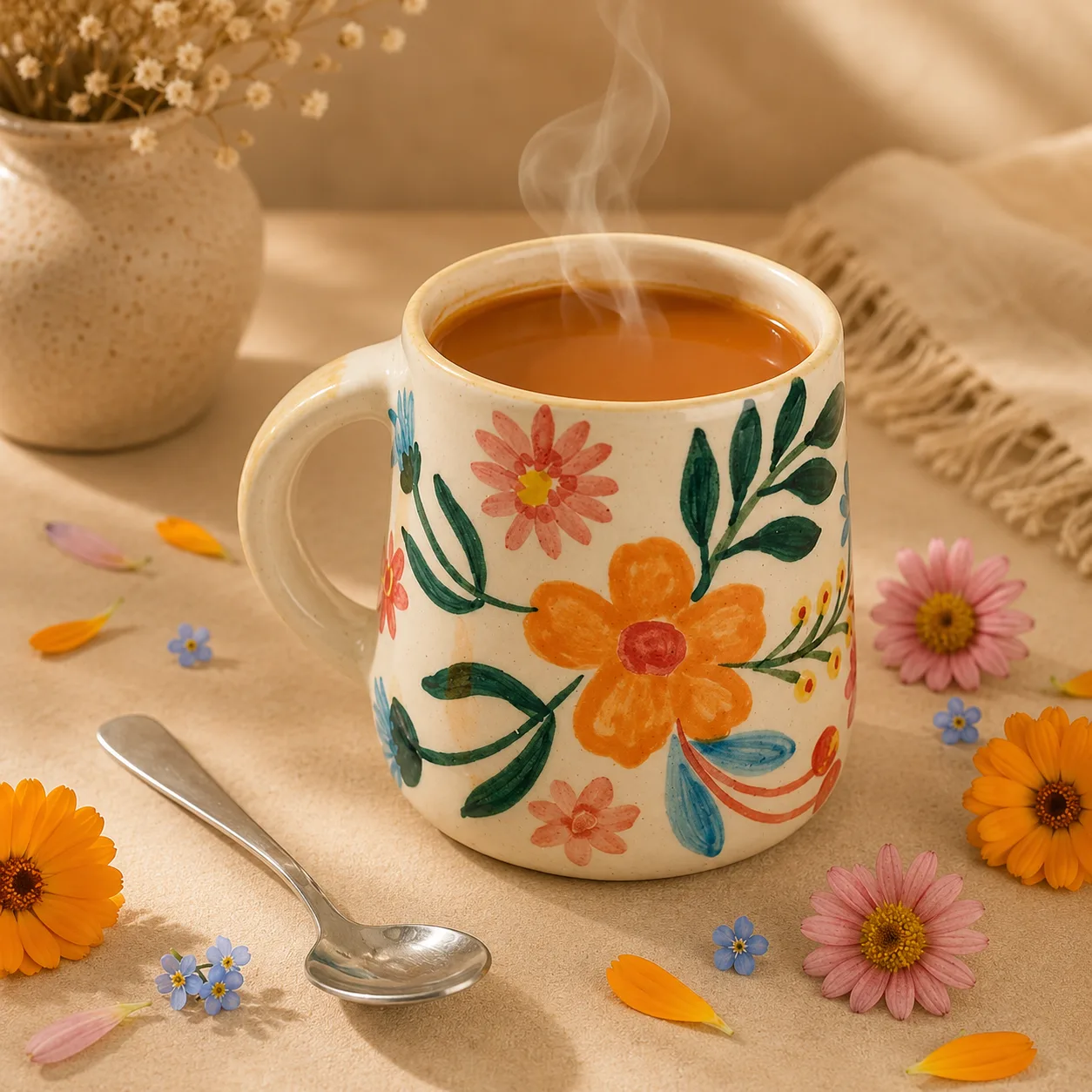 Floral Extravaganza Handcrafted 300 ml Stoneware Coffee Mug - Angle 3 - Artisan Pottery Khurja