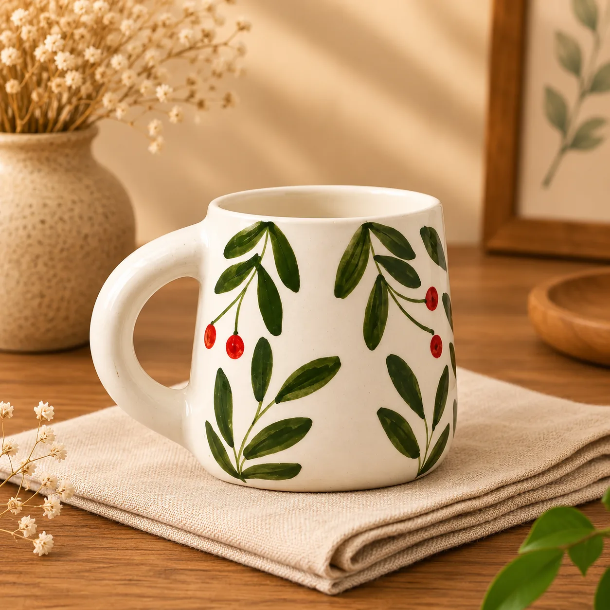 Olive Leaf Handpainted 300 ml Stoneware Coffee Mug - Angle 2 - Artisan Pottery Khurja