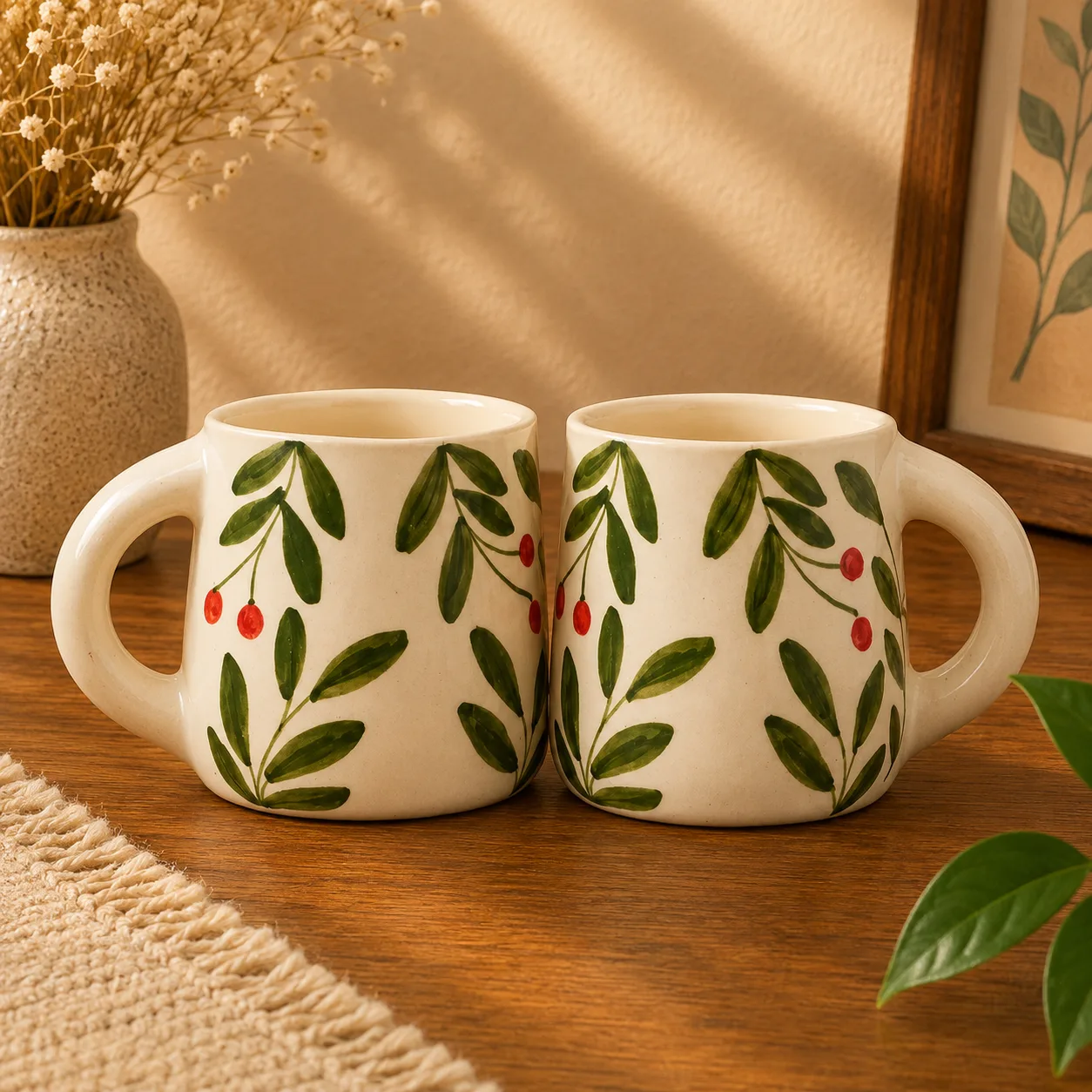 Olive Leaf Handpainted 300 ml Stoneware Coffee Mug - Angle 3 - Artisan Pottery Khurja