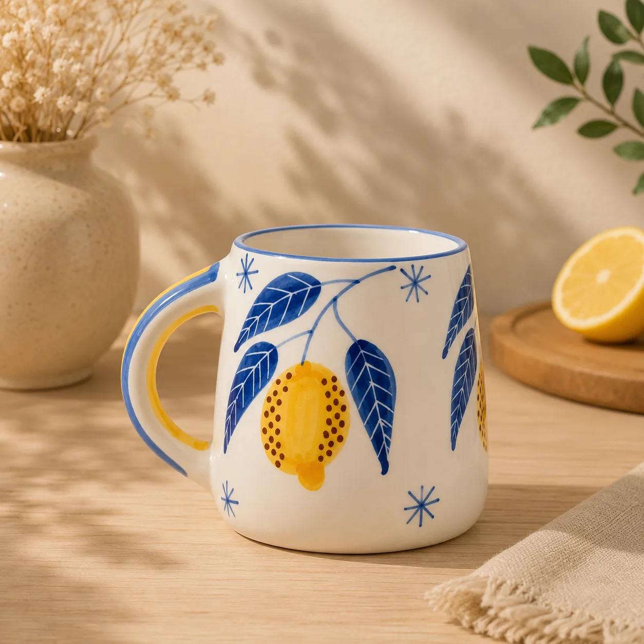 Lemon Leafy Handpainted 300 ml Stoneware Coffee Mug - Handcrafted Stoneware Ceramic Khurja