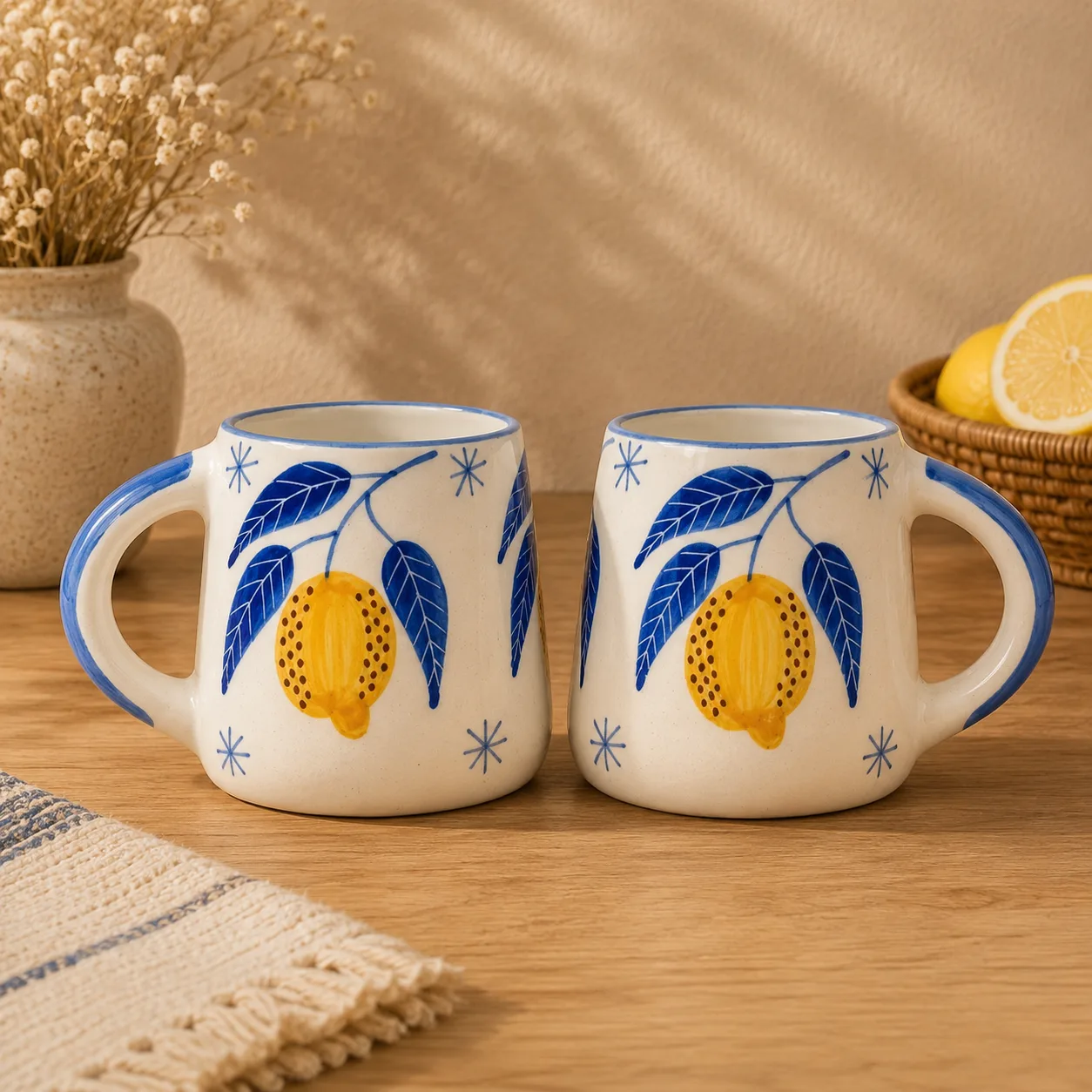 Lemon Leafy Handpainted 300 ml Stoneware Coffee Mug - Angle 2 - Artisan Pottery Khurja