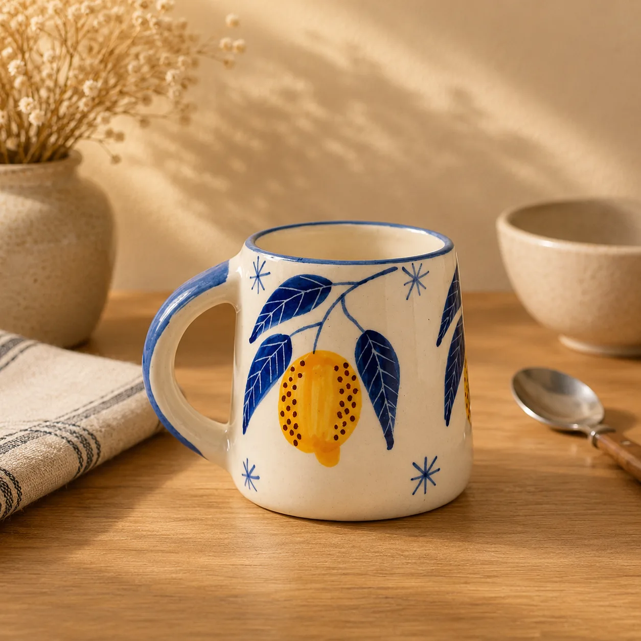 Lemon Leafy Handpainted 300 ml Stoneware Coffee Mug - Angle 3 - Artisan Pottery Khurja