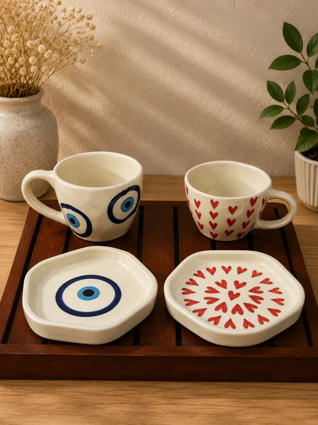 Red Heart & Evil Eye 300 ml Stoneware Ceramic Mug with Saucer Set - Angle 2 - Artisan Pottery Khurja