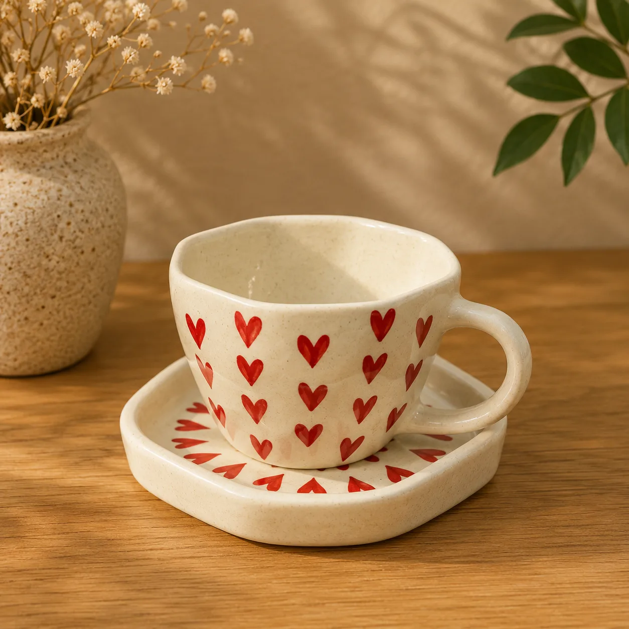Red Heart & Evil Eye 300 ml Stoneware Ceramic Mug with Saucer Set - Angle 3 - Artisan Pottery Khurja