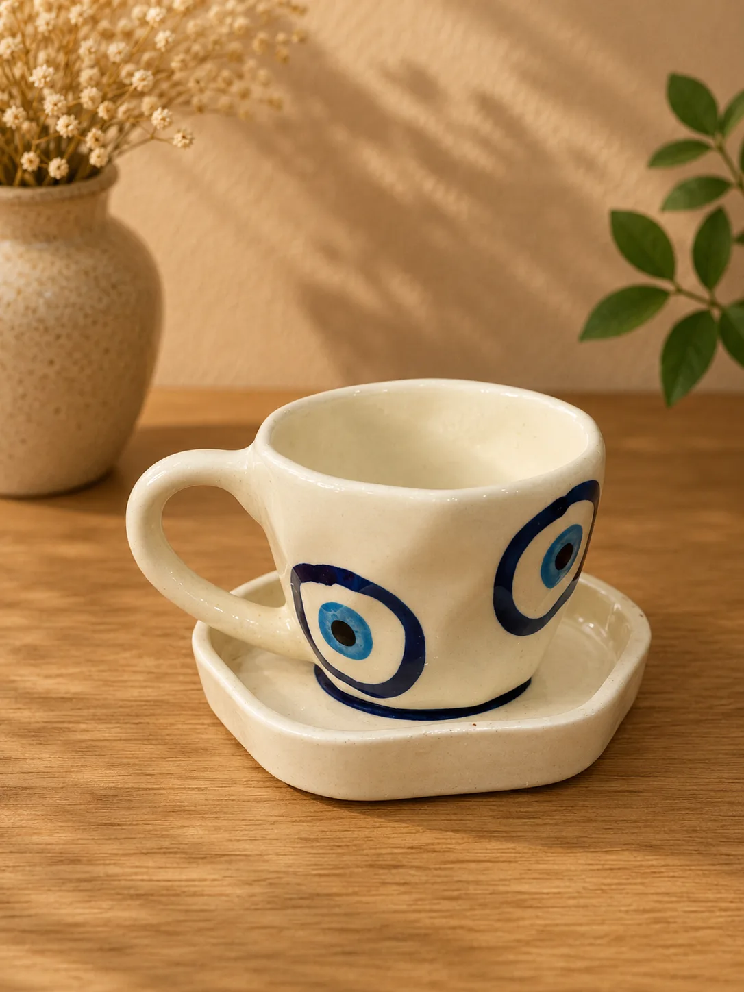Red Heart & Evil Eye 300 ml Stoneware Ceramic Mug with Saucer Set - Angle 4 - Artisan Pottery Khurja