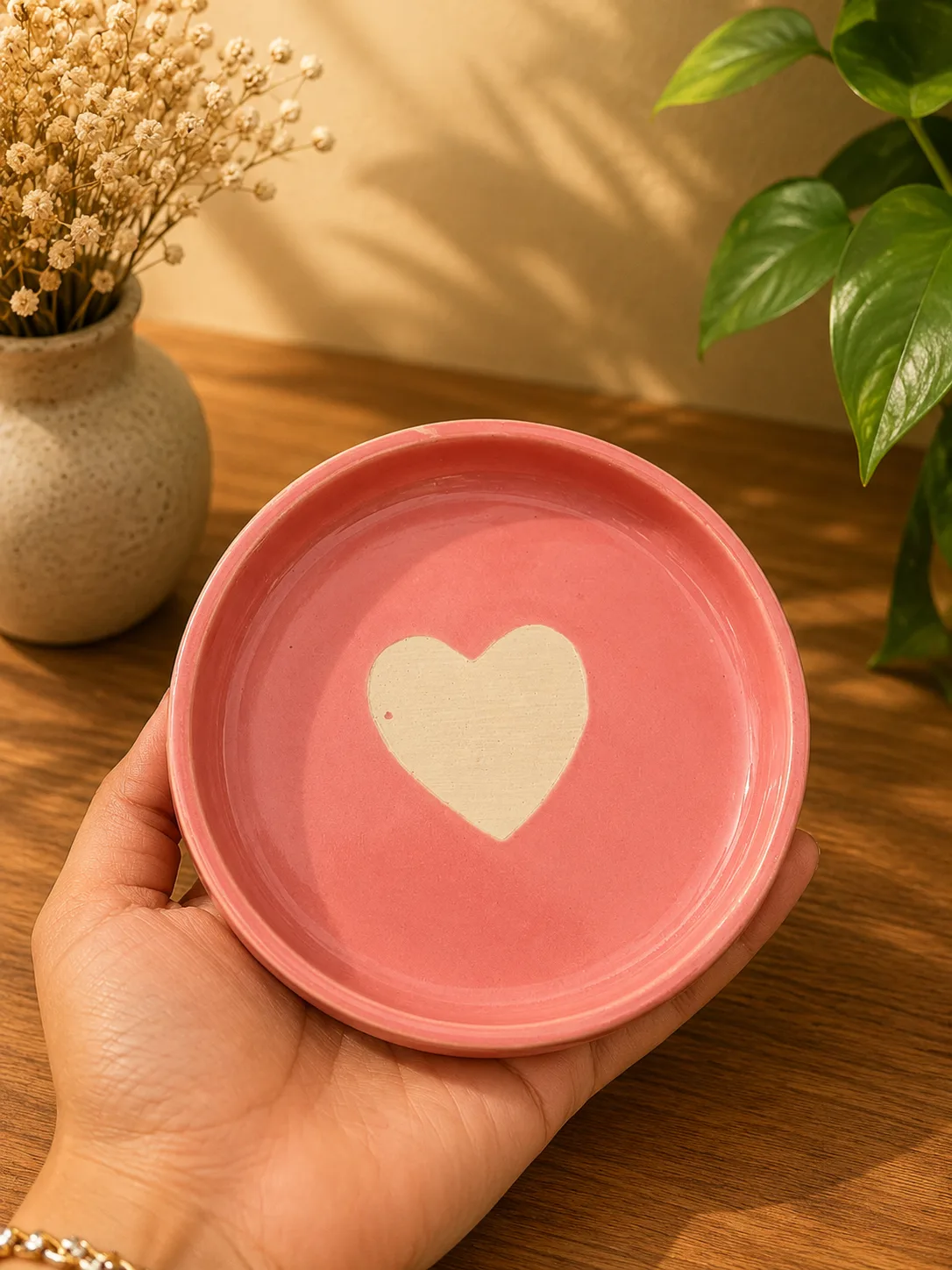Pink Heart Handcrafted Ceramic Snack Plate Set (Set of 2) - Angle 2 - Artisan Pottery Khurja