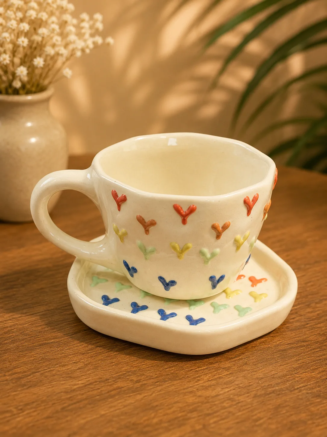 Colourful 3D Heart 250 ml Stoneware Ceramic Mug with Saucer - Handcrafted Stoneware Ceramic Khurja