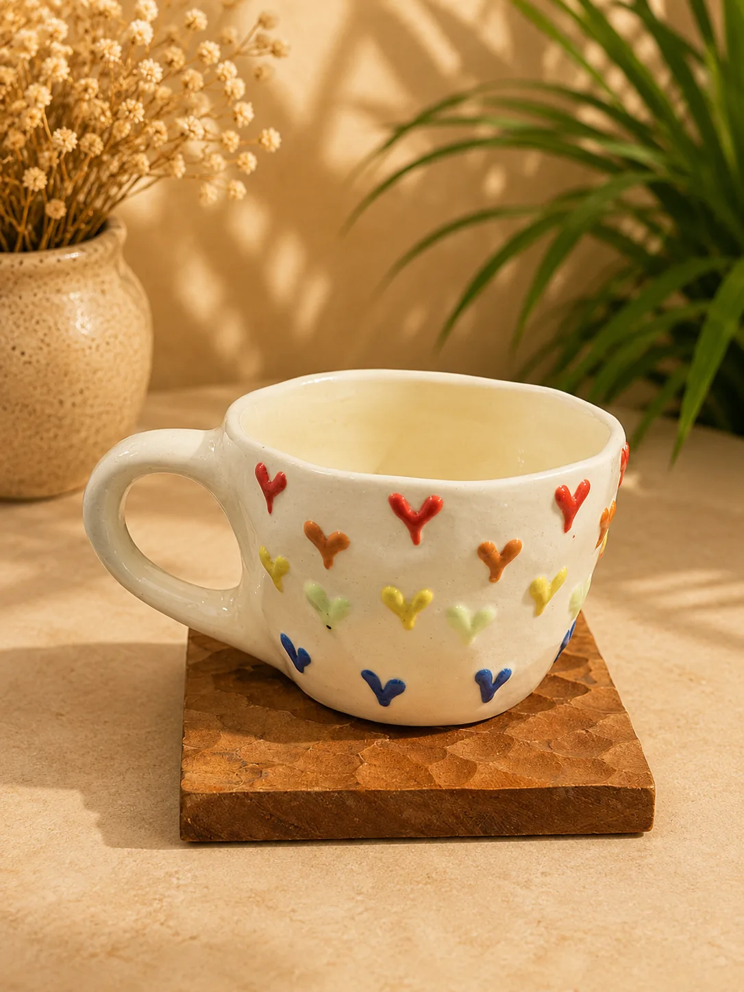 Colourful 3D Heart 250 ml Stoneware Ceramic Mug with Saucer - Angle 2 - Artisan Pottery Khurja