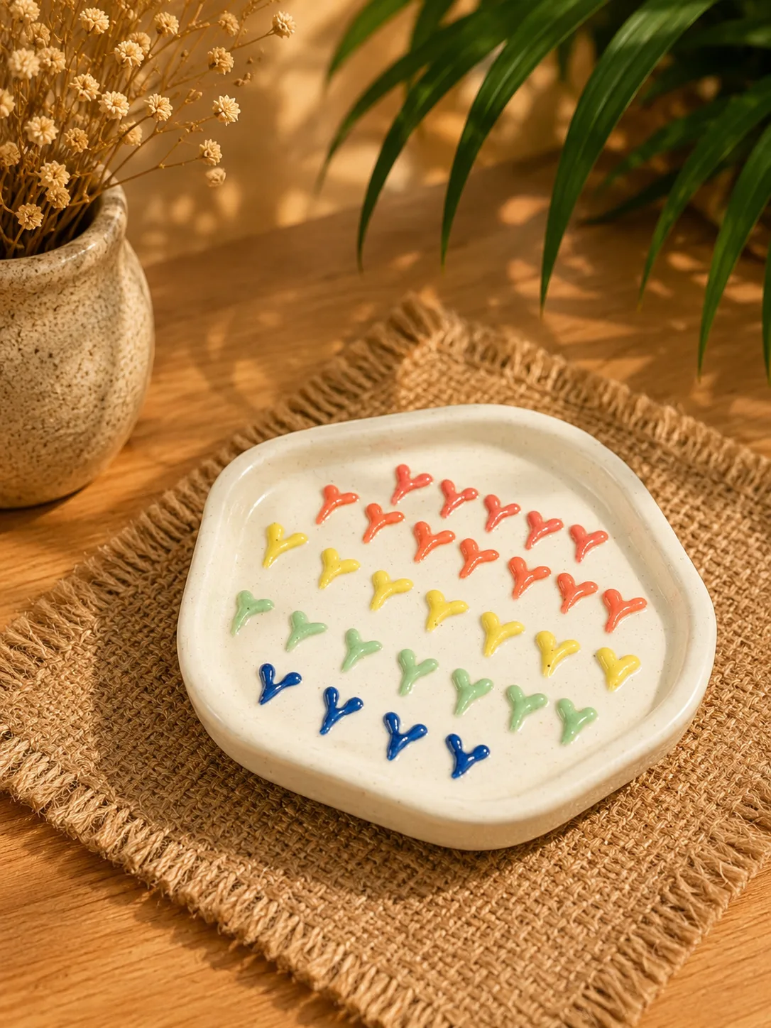 Colourful 3D Heart 250 ml Stoneware Ceramic Mug with Saucer - Angle 3 - Artisan Pottery Khurja