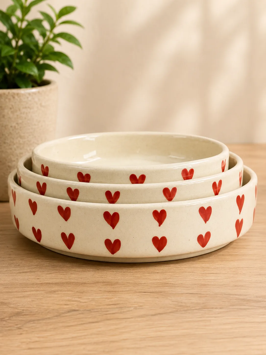 Red Heart Handcrafted Ceramic Serving & Salad Bowl Set (Set of 3)