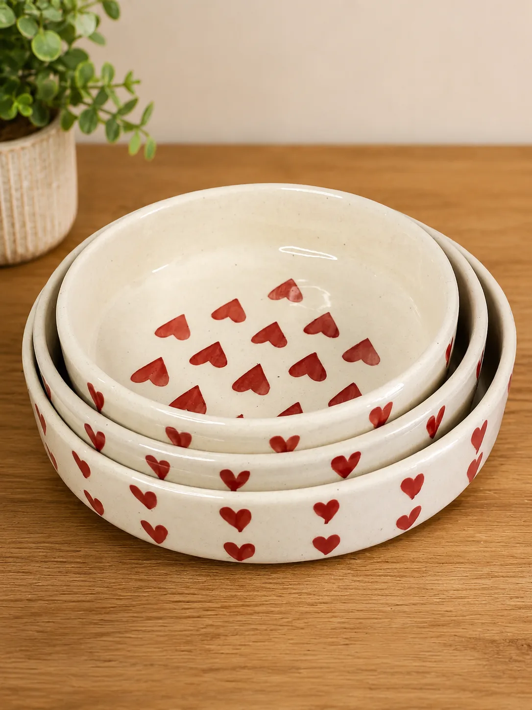 Red Heart Handcrafted Ceramic Serving & Salad Bowl Set (Set of 3) - Angle 2 - Artisan Pottery Khurja