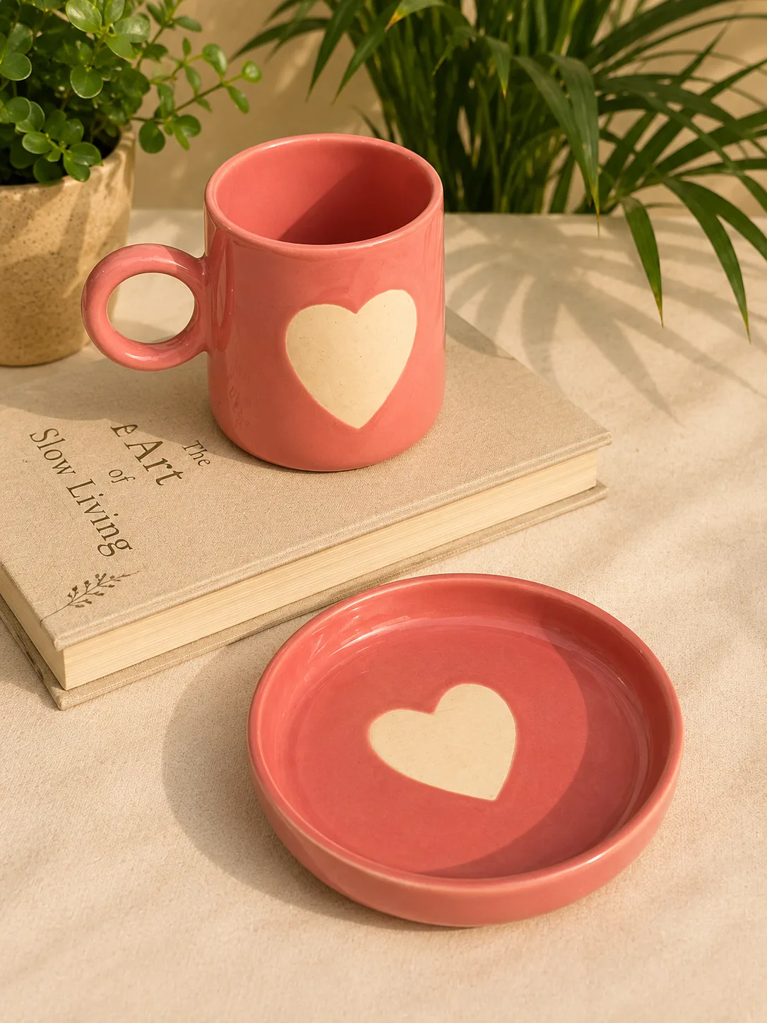 Narrow Heart Pink 320 ml Ceramic Mug with Saucer