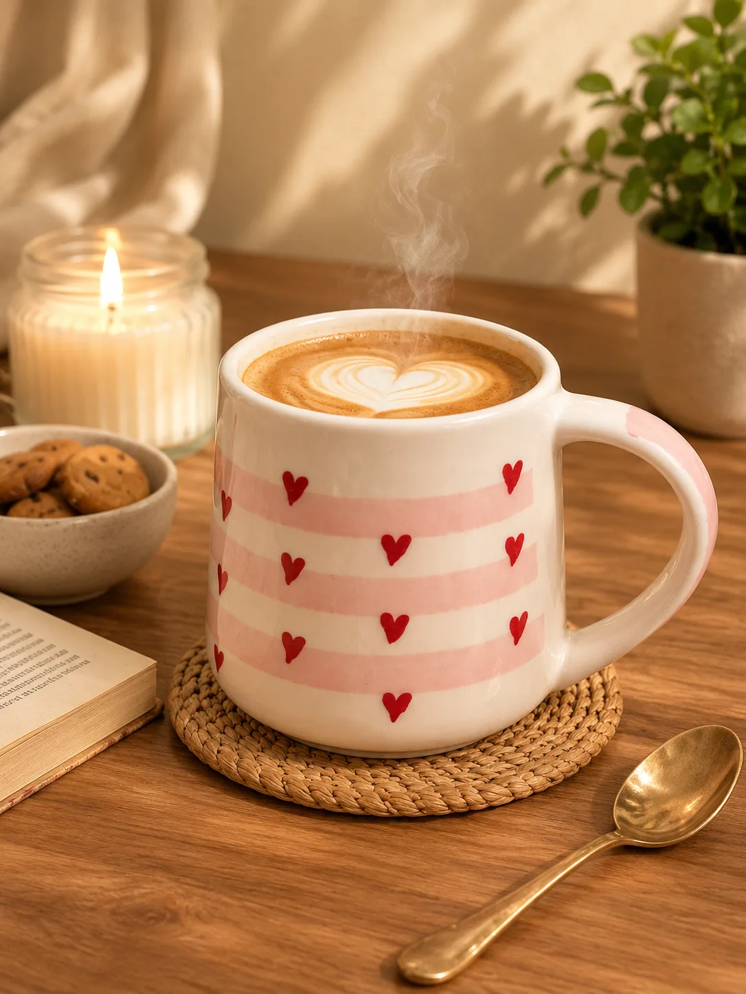 Stripes & Hearts Blush Pink 300 ml Ceramic Coffee Mug