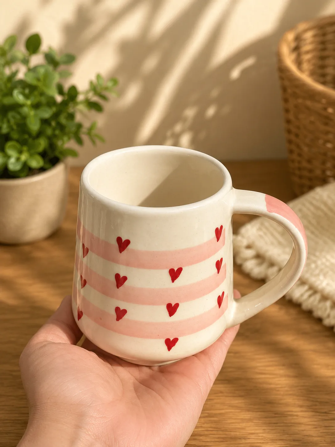 Stripes & Hearts Blush Pink 300 ml Ceramic Coffee Mug - Angle 2 - Artisan Pottery Khurja
