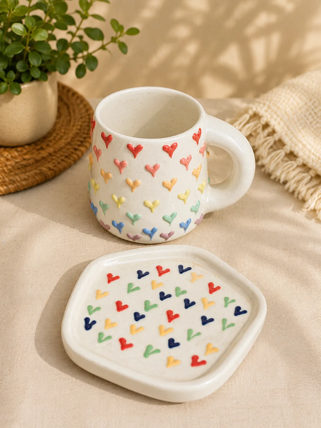 Rainbow Hearts 300 ml Ceramic Coffee Mug & Snack Plate Set