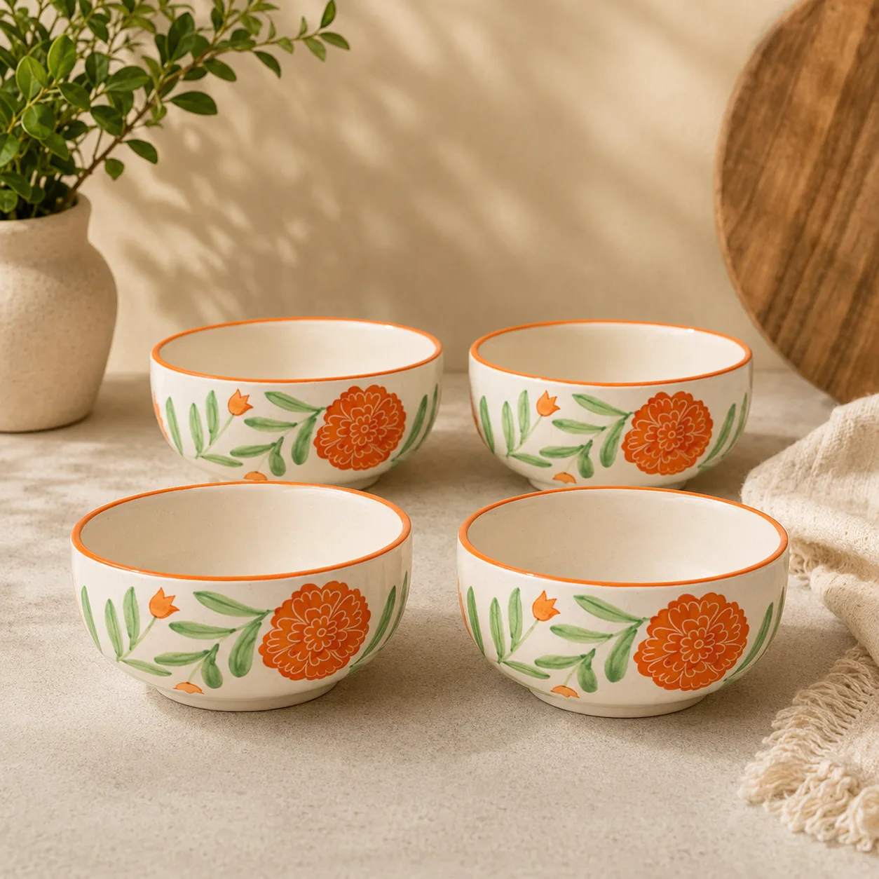 Marigold Mandi Handpainted 300 ml Ceramic Snack Bowl - Angle 2 - Artisan Pottery Khurja