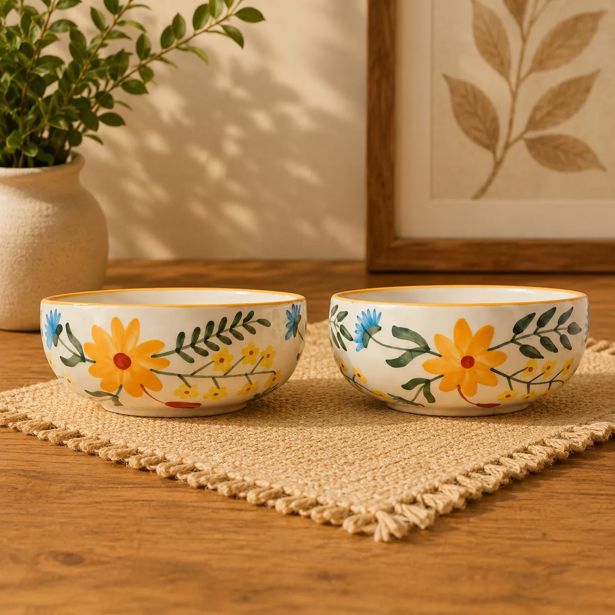 Floral Extravaganza Handpainted 300 ml Ceramic Snack Bowl - Angle 2 - Artisan Pottery Khurja
