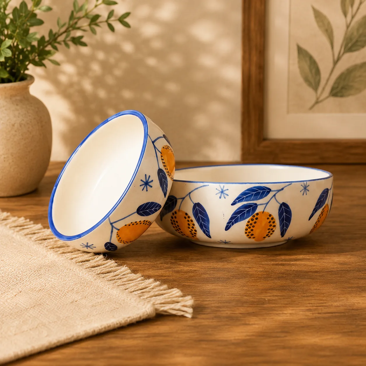 Lemon Leafy Handpainted 700 ml Ceramic Serving Bowl - Angle 2 - Artisan Pottery Khurja