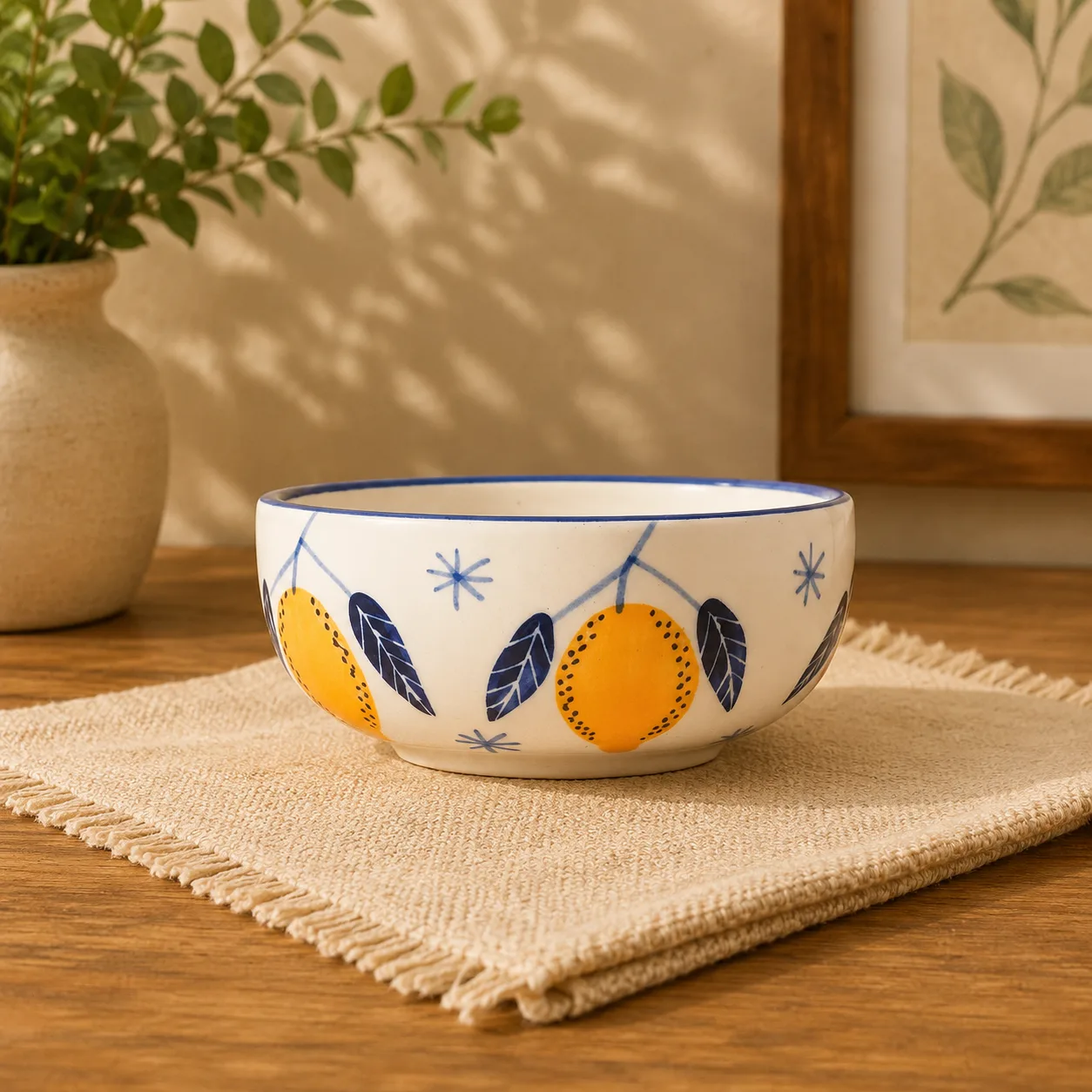 Lemon Leafy Handpainted 300 ml Ceramic Snack Bowl