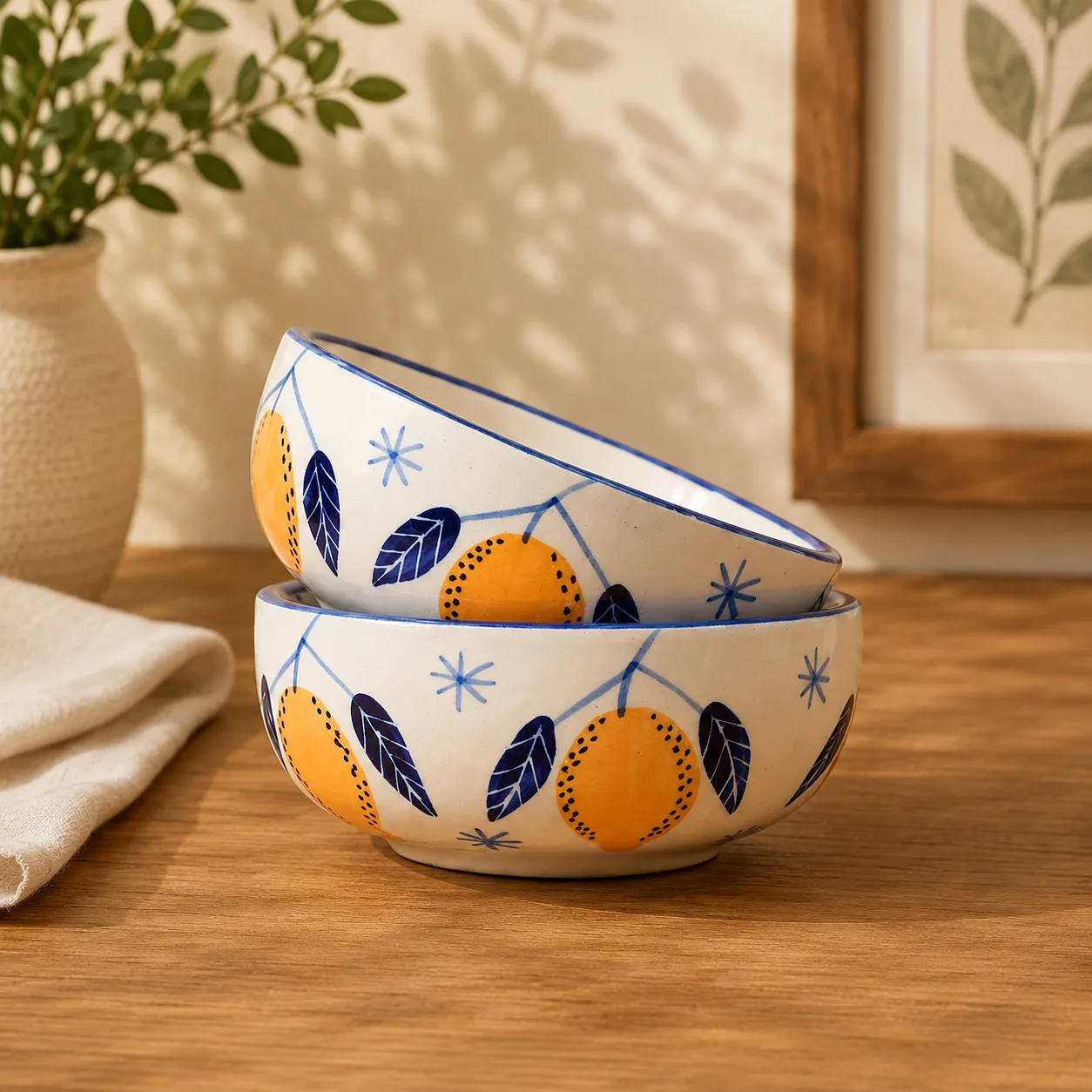 Lemon Leafy Handpainted 300 ml Ceramic Snack Bowl - Angle 2 - Artisan Pottery Khurja